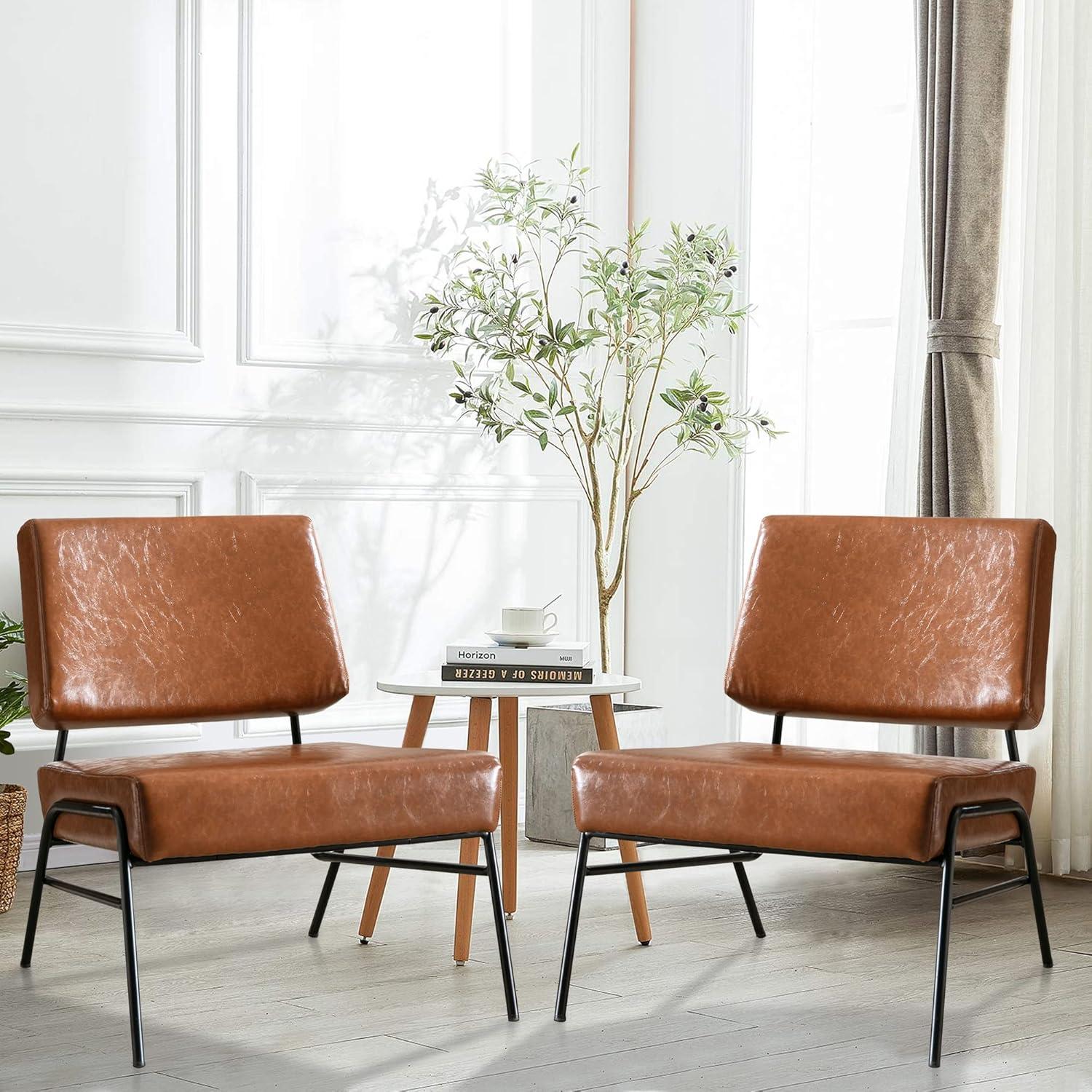 AWQM Faux Leather Accent Chair, Mid-Century Modern Armless Lounge Chair with Metal Frame Upholstered Waiting Room Chair,Office Chair Single Sofa Chairs for Living Room Bedroom,Brown