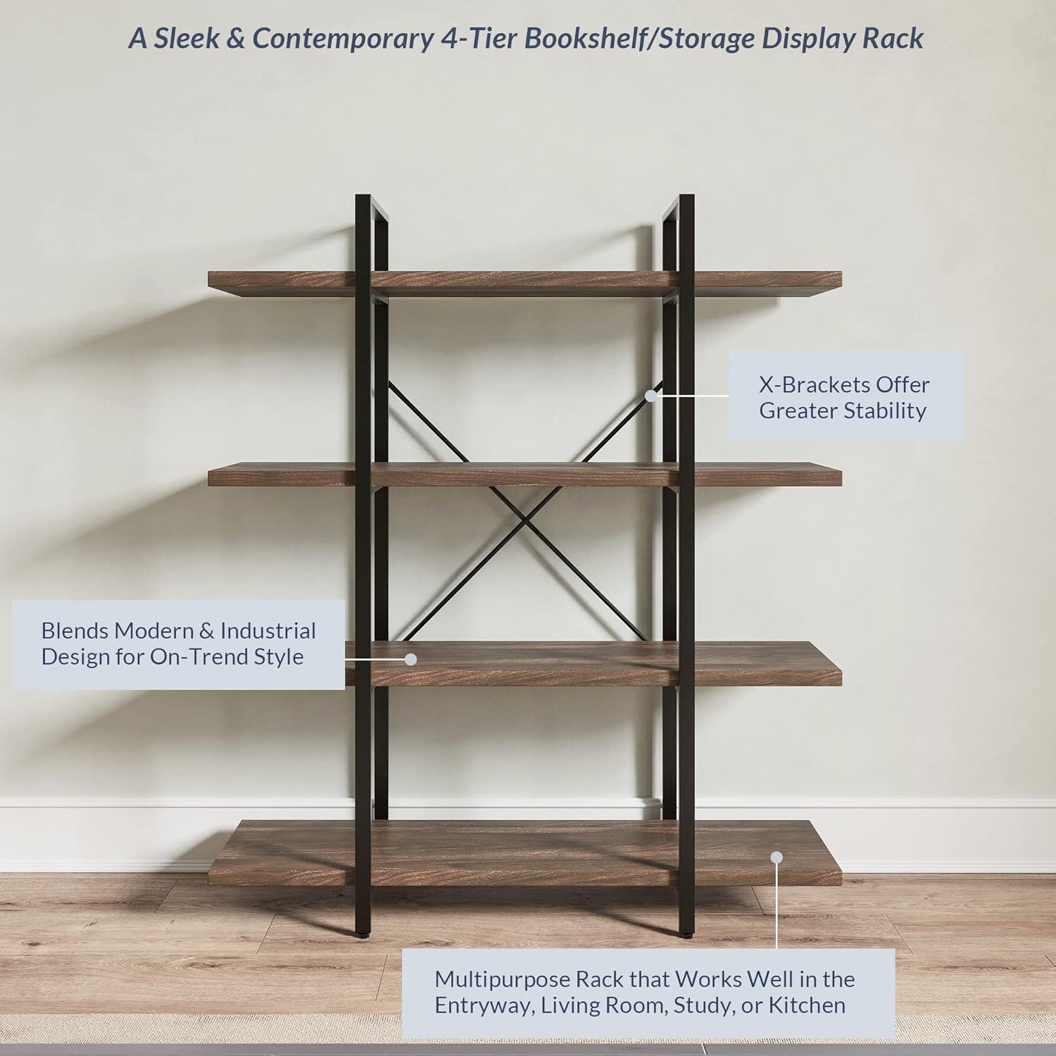 BELLEZE 4 Tier Modern Rustic Industrial Bookshelf - Hazel (Dark Walnut)