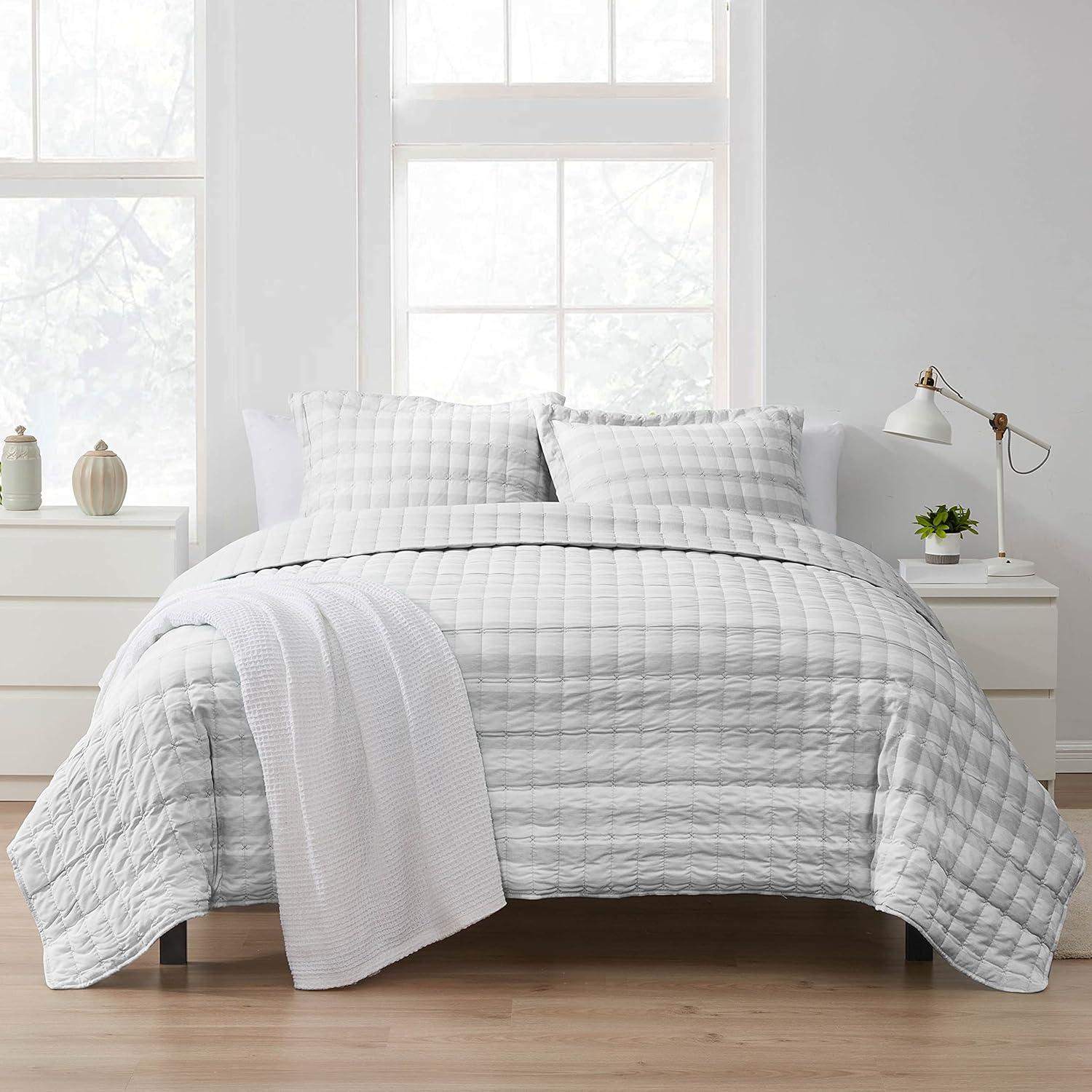 Sweet Home Collection Oversized Prewashed Checkered Plaid Embroidered Vintage Soft Quilt Set