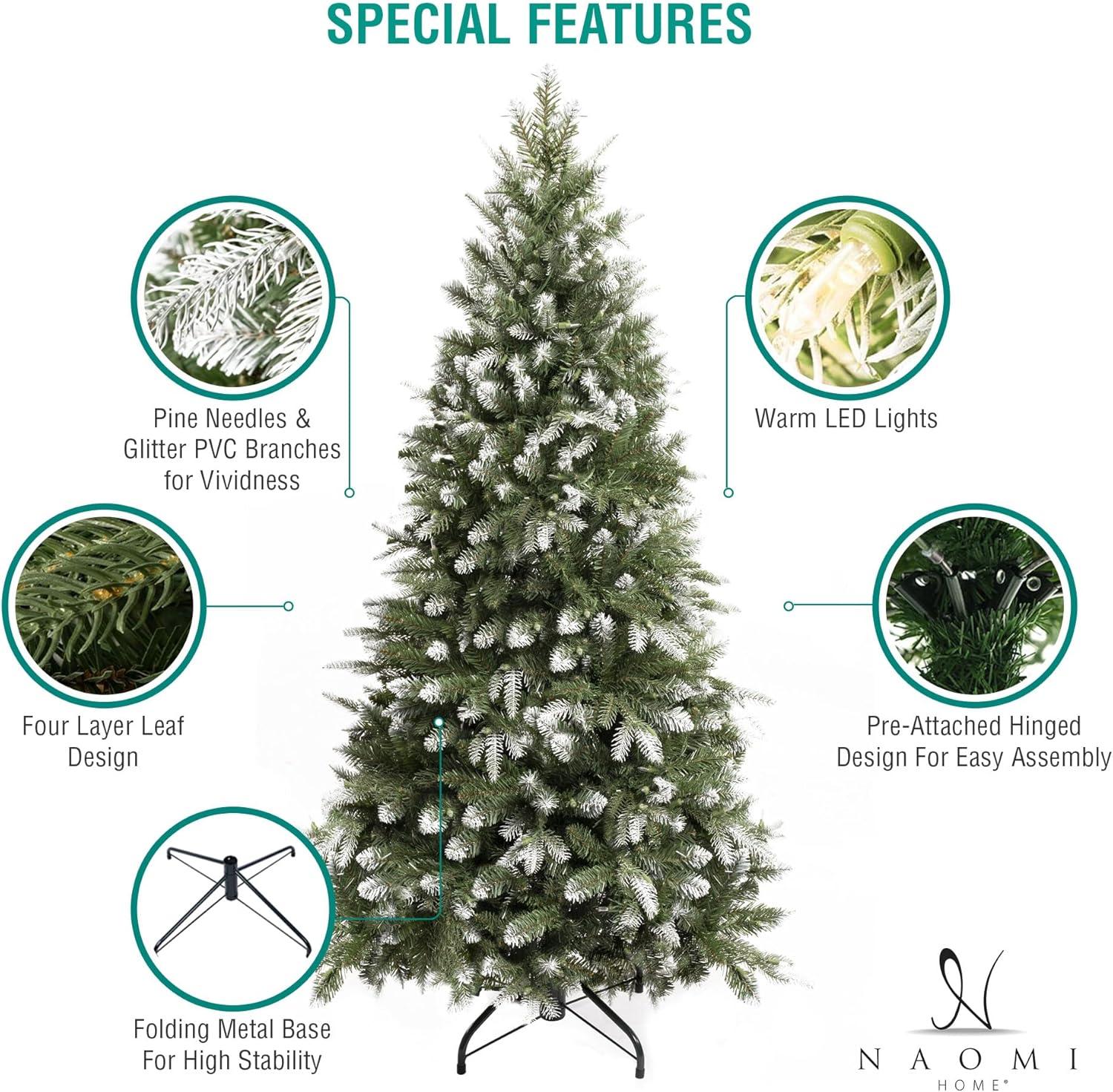 Naomi Home 7.5ft White Tip Christmas Tree with Lights, Realistic Light Snow Flocked Fir Christmas Tree Prelit with 1746 Branch Tips, 550 Warm Lights and Metal Stand, Aritificial Christmas Tree