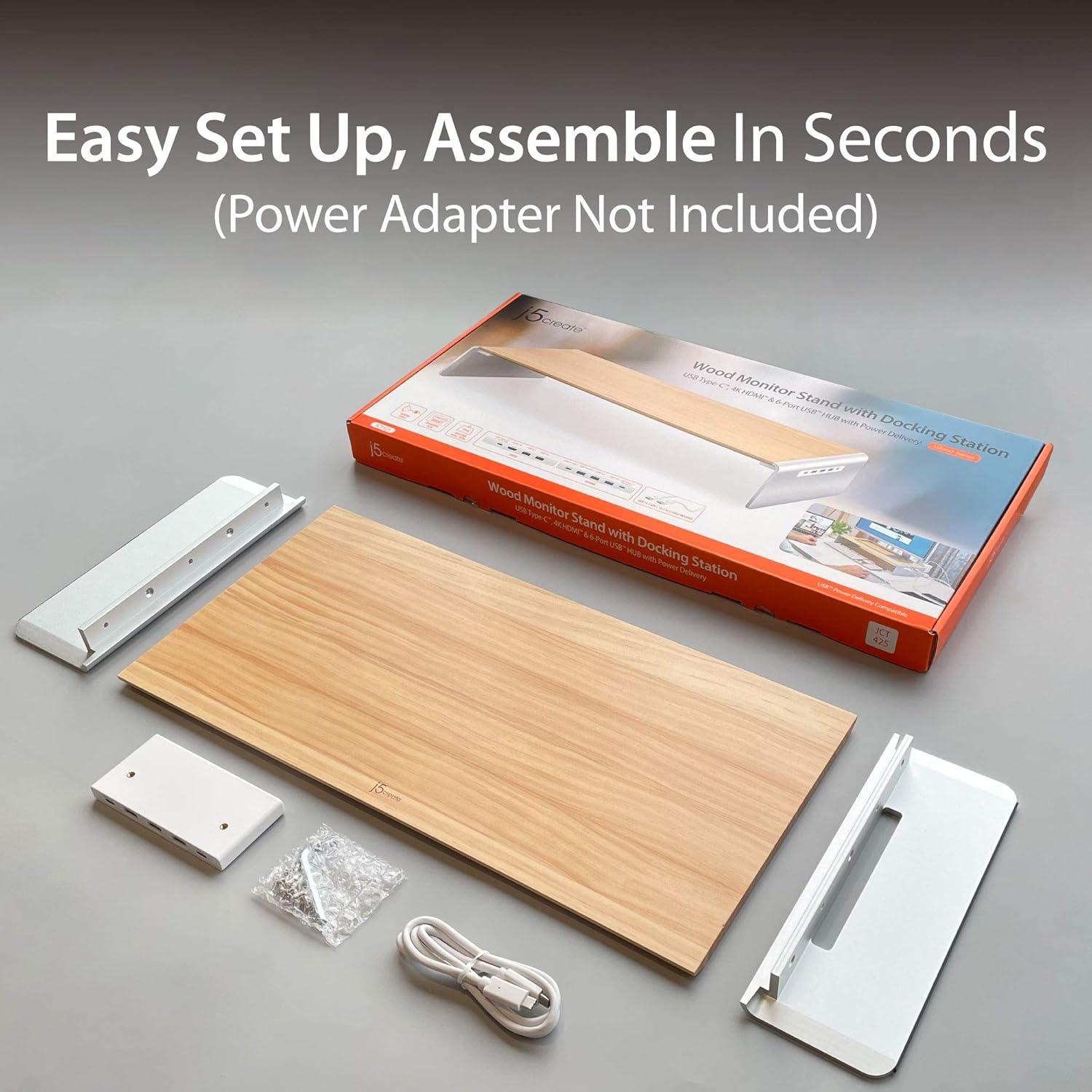 j5create Wooden Monitor Stand with USB Type C/HDMI Docking Station - USB 3.1 C to C Cable Included - Handmade Wood Panel with Aluminum Riser for Computer Screens, Laptops, TV