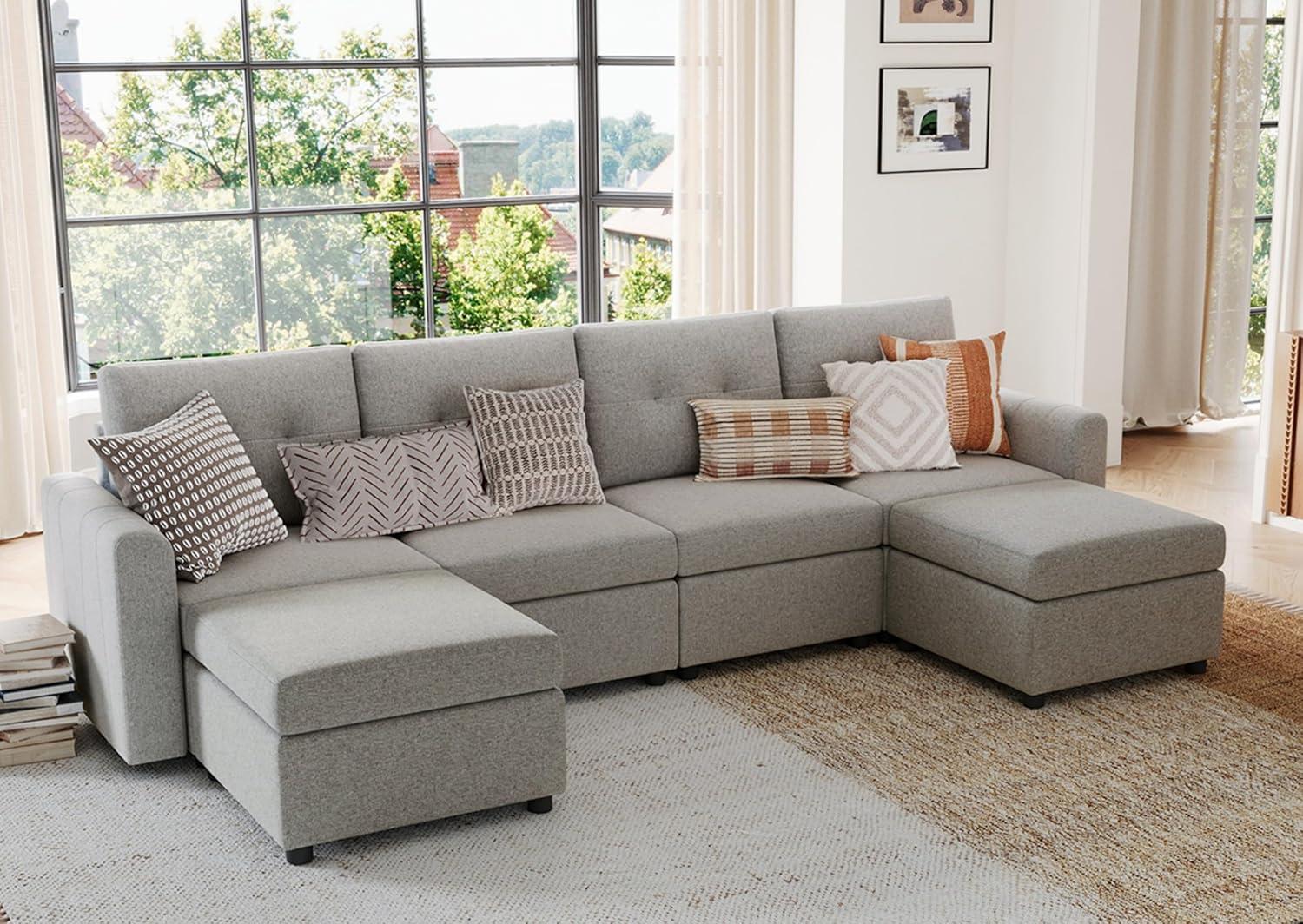LINSY HOME Oversized Modular Cloud Sectional Sofa, RUBIK III 7 Seat Storage Couches and Sofas, Sectional Couches for Living Room with Reversible Chaises, Light Gray
