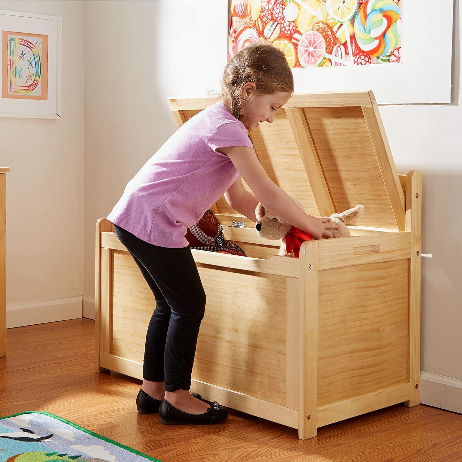 Light Wood Toy Chest with Safety-Hinged Lid