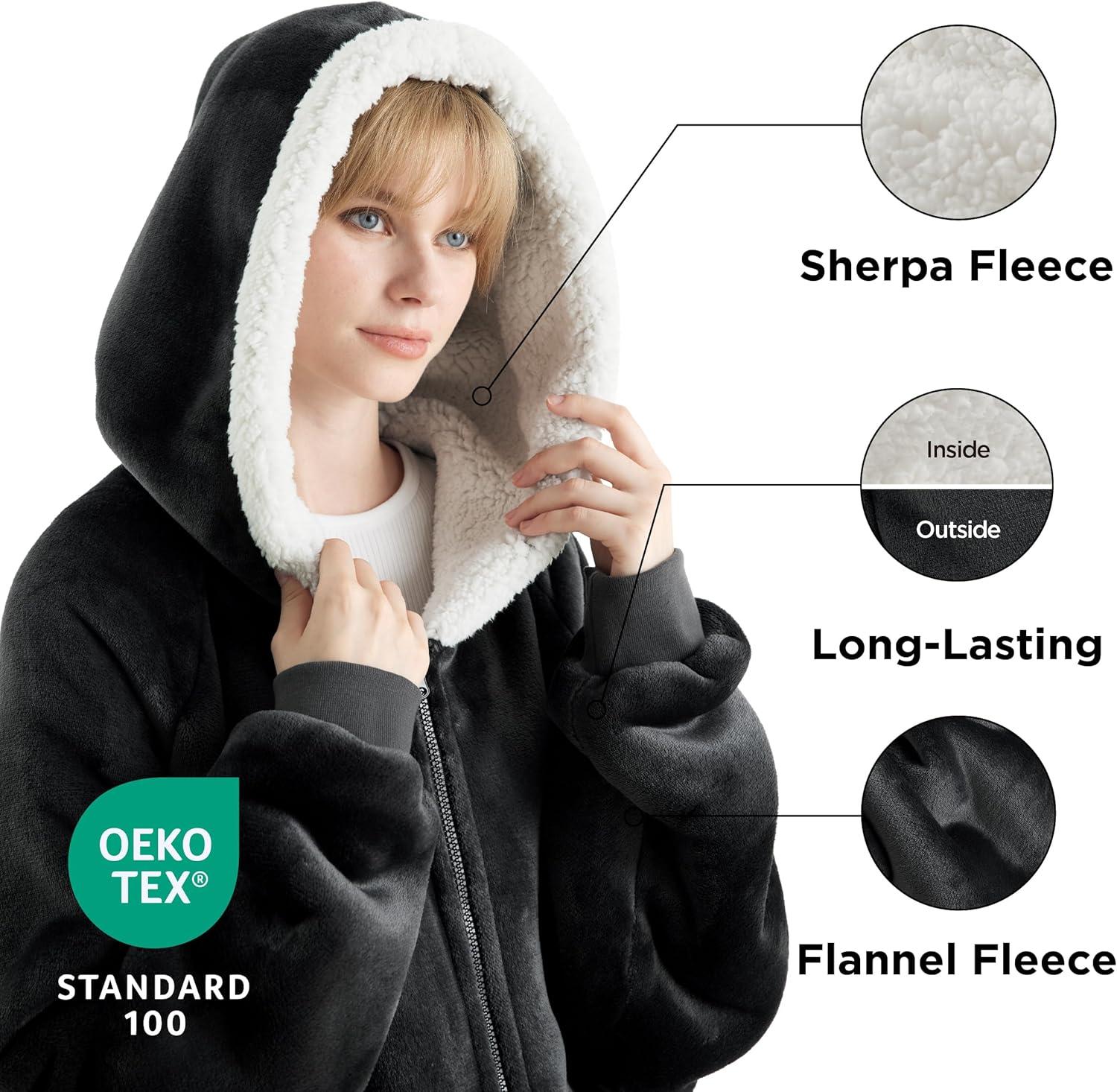 Bedsure Blanket Hoodie, Wearable Blanket for Adults & Kids as Gifts for Women Men, Birthday Gifts for Women Mom Girl Sherpa Oversized Hoodie, Black, Standard