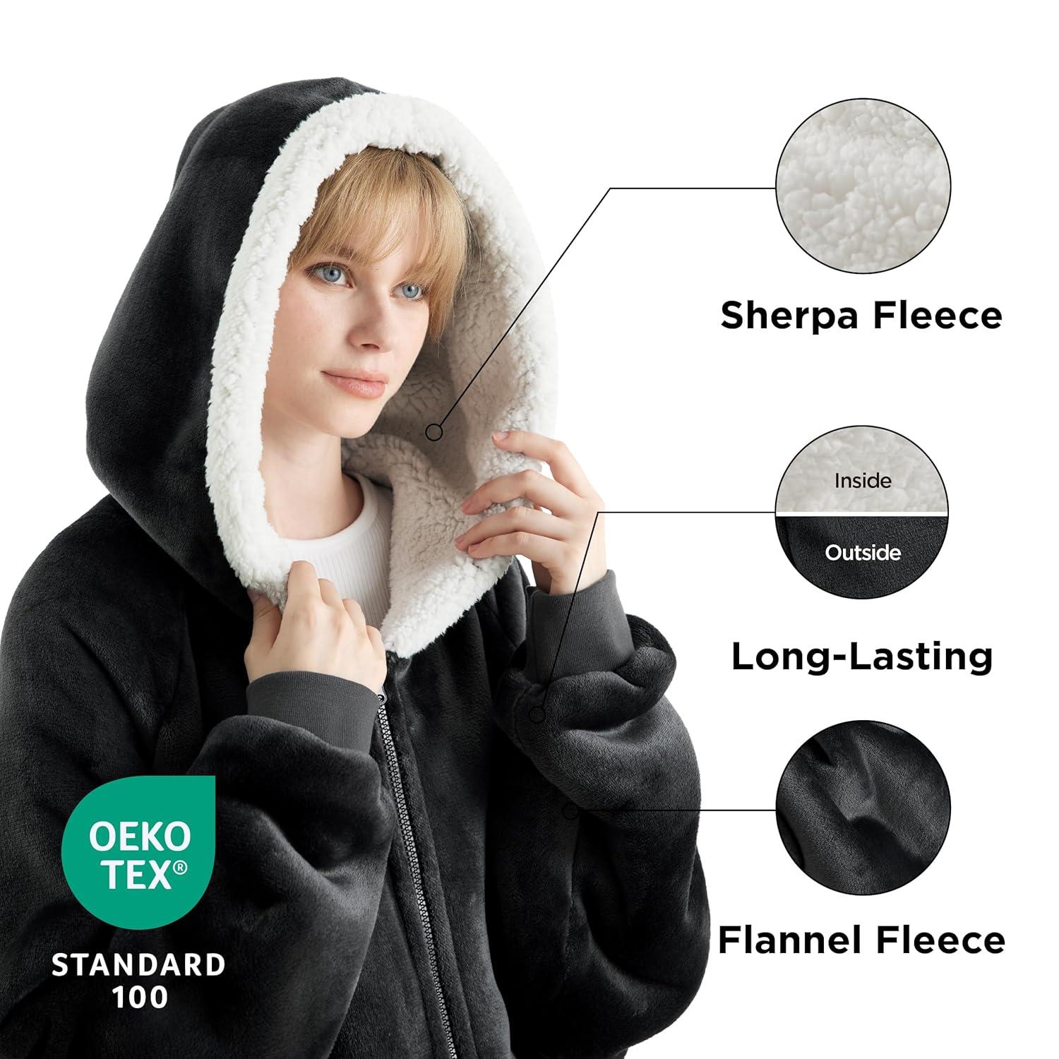 Bedsure Blanket Hoodie, Wearable Blanket for Adults & Kids as Gifts for Women Men, Birthday Gifts for Women Mom Girl Sherpa Oversized Hoodie, Black, Standard