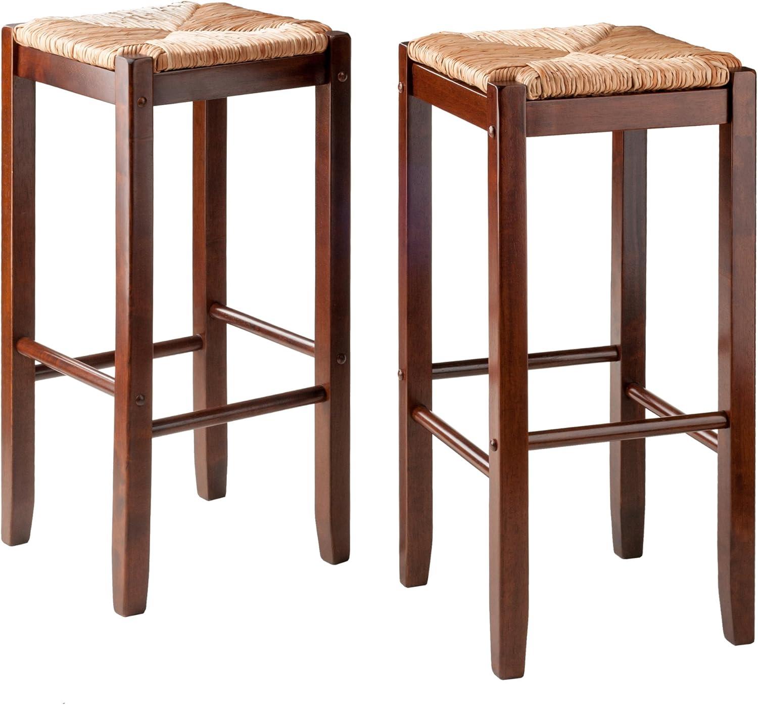 2pc Kaden Set Barstool Rush Seat Walnut - Winsome: Woven Square, Wooden Frame, Fixed Height