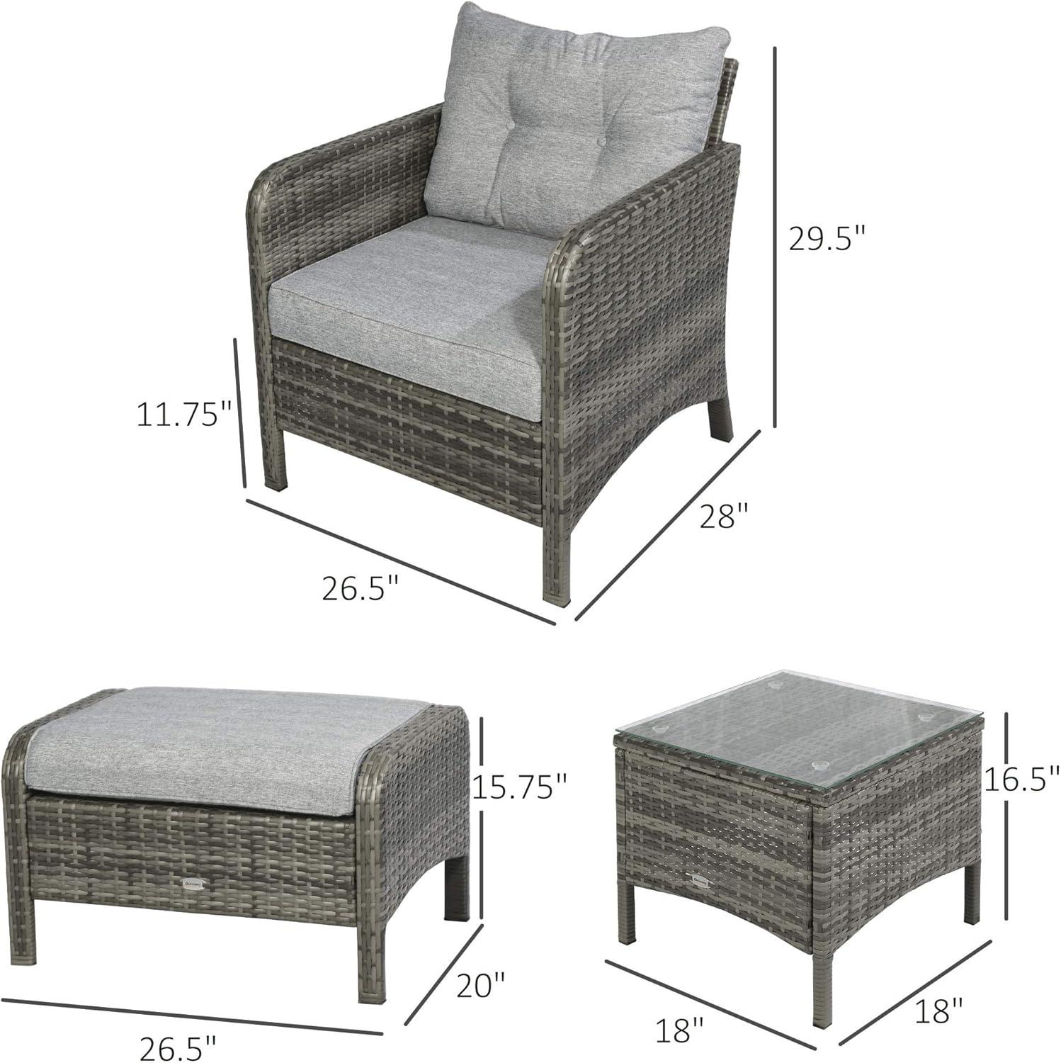 Outsunny 5 Pieces Rattan Wicker Lounge Chair Outdoor Patio Conversation Set with 2 Cushioned Chairs, 2 Ottomans & Glass Coffee Table, Gray