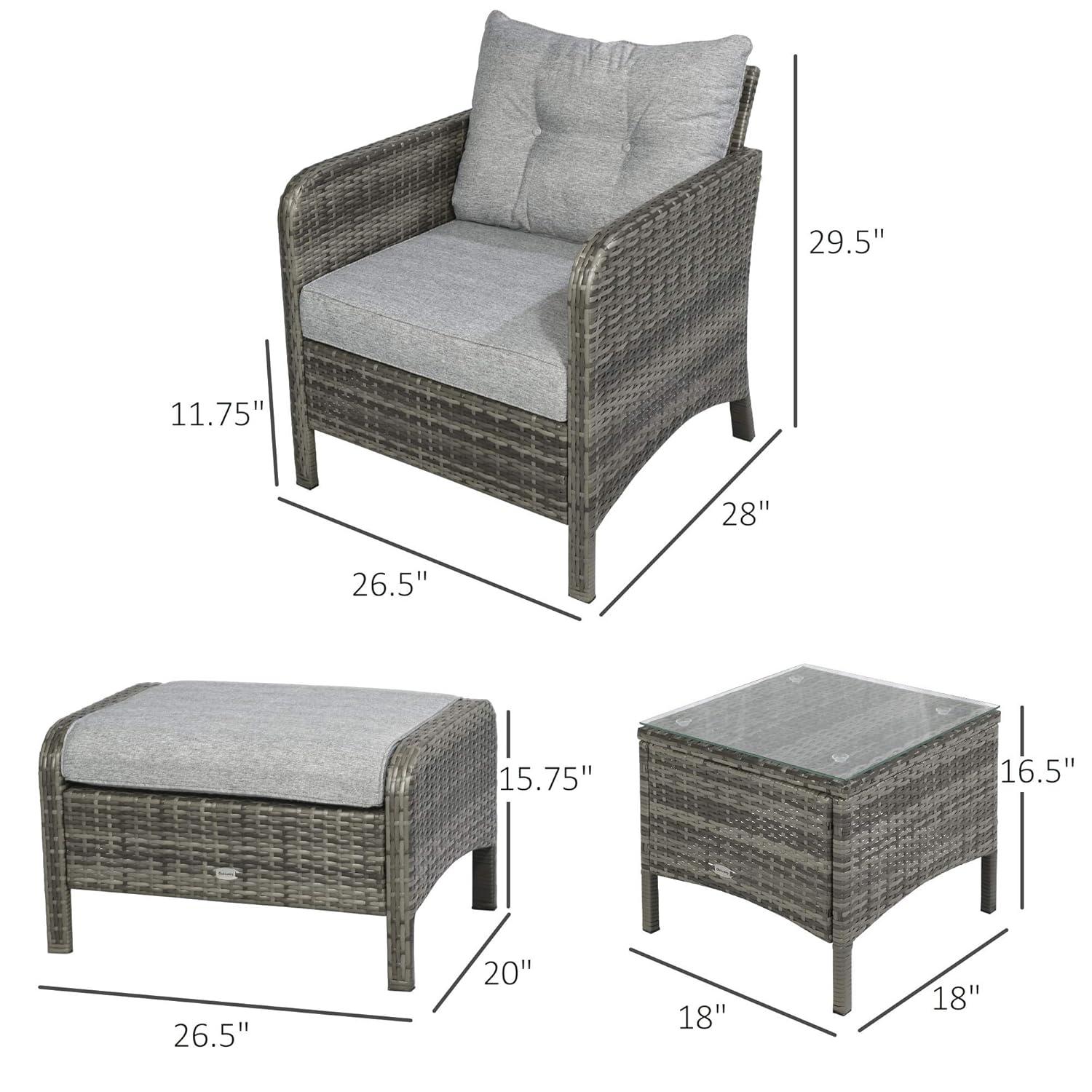 Outsunny 5 Pieces Rattan Wicker Lounge Chair Outdoor Patio Conversation Set with 2 Cushioned Chairs, 2 Ottomans & Glass Coffee Table, Gray