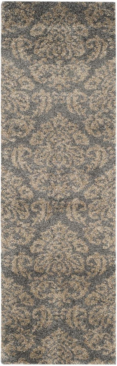 Elegant Grey Beige Floral Shag Runner Rug, 2'3" x 7', Easy Care