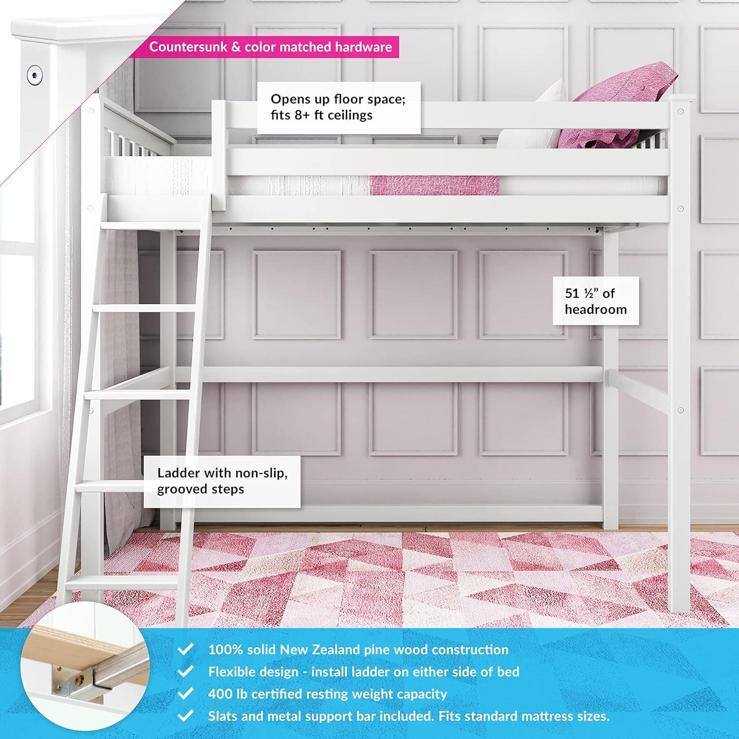 Max & Lily Loft Bed, Solid Wood Twin High Loft Bed with Bookcase and Desk for Kids, White