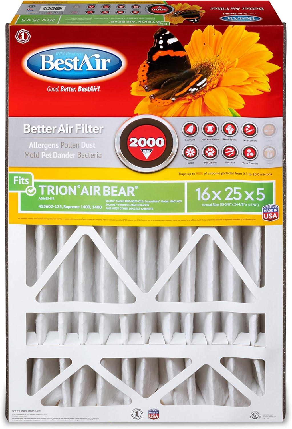 BestAir 3pk 16" x 25" x 5" Trion Air Bear Replacement Air Furnace Filter MERV 11: Electrostatic, Captures Allergens, EPA Certified