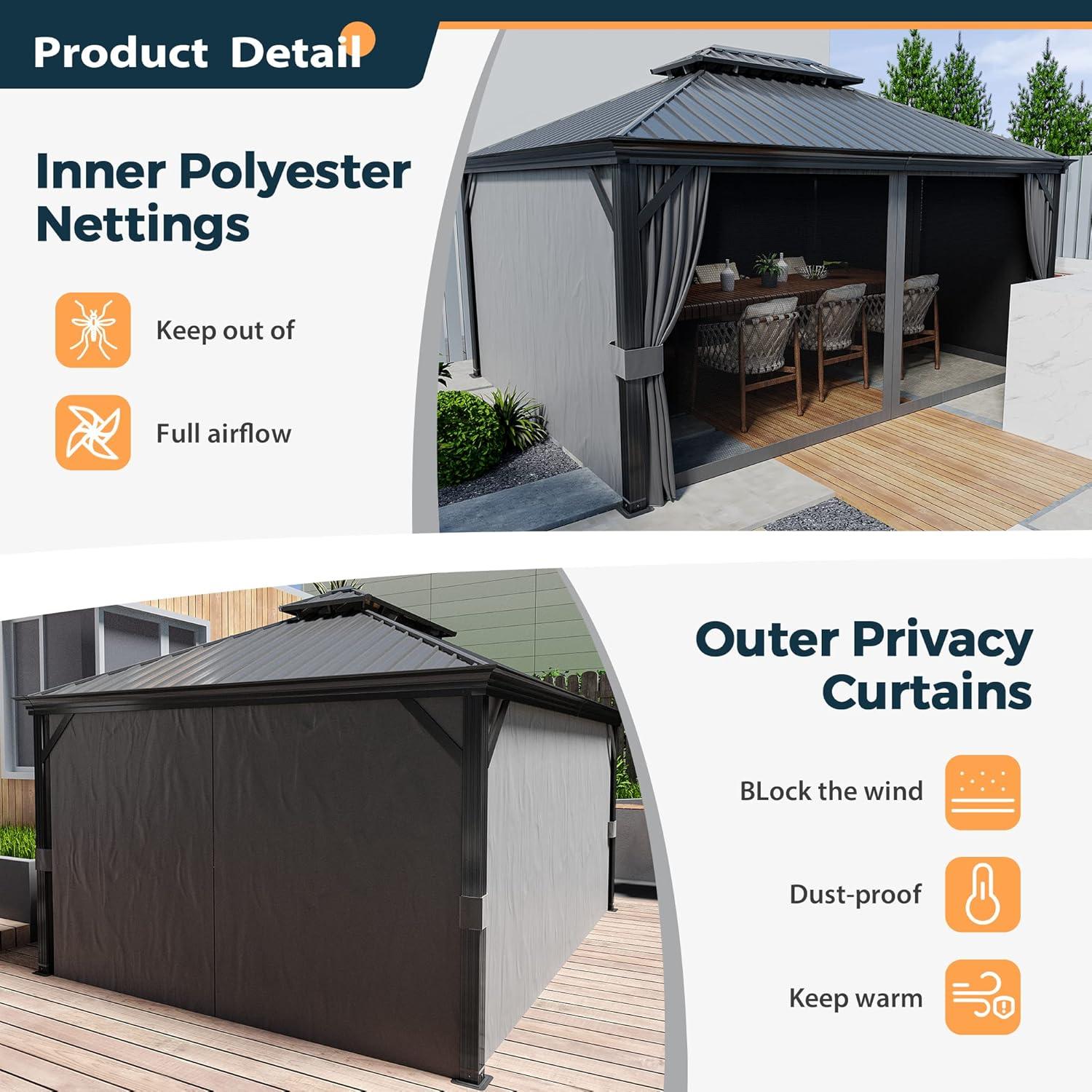 Kozyard Kozyard Alexander Gray Double Roof Hardtop Gazebo with Privacy Curtain Mosquito Netting