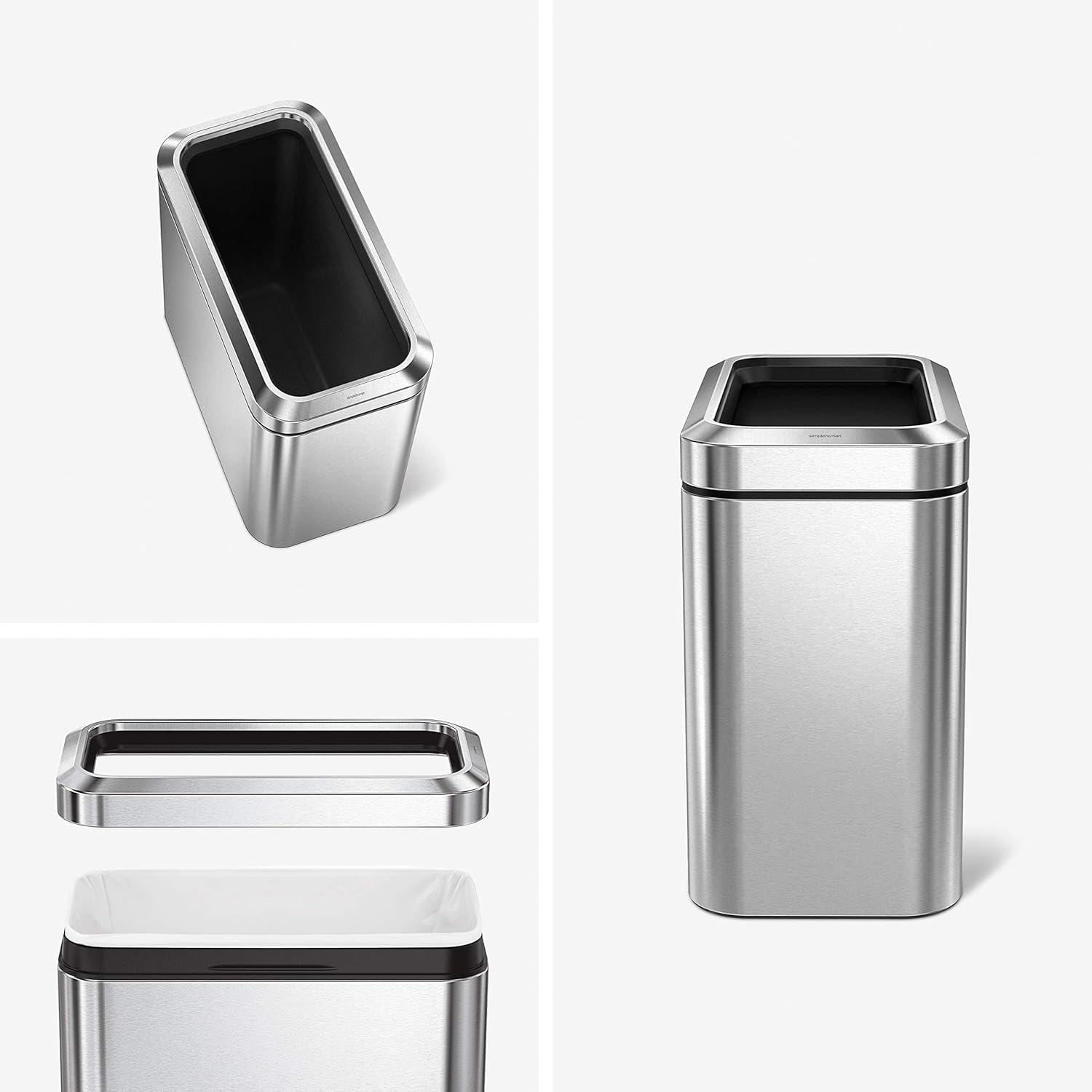 simplehuman 25 Liter / 6.6 Gallon Slim Open Commercial Trash Can, Brushed Stainless Steel