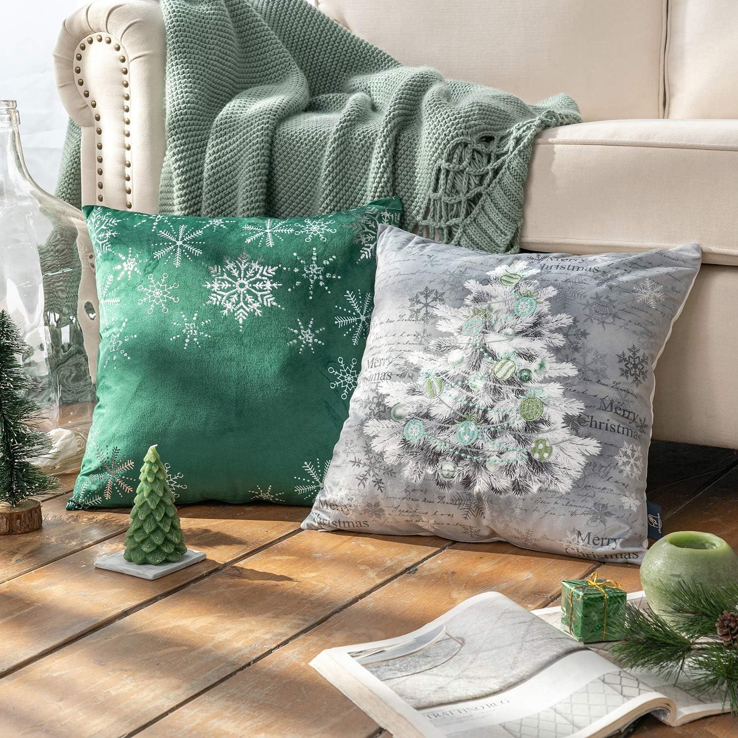 Phantoscope Merry Christmas Decorative Velvet Embroidery Throw Pillow Cover with Snowflake, Trees