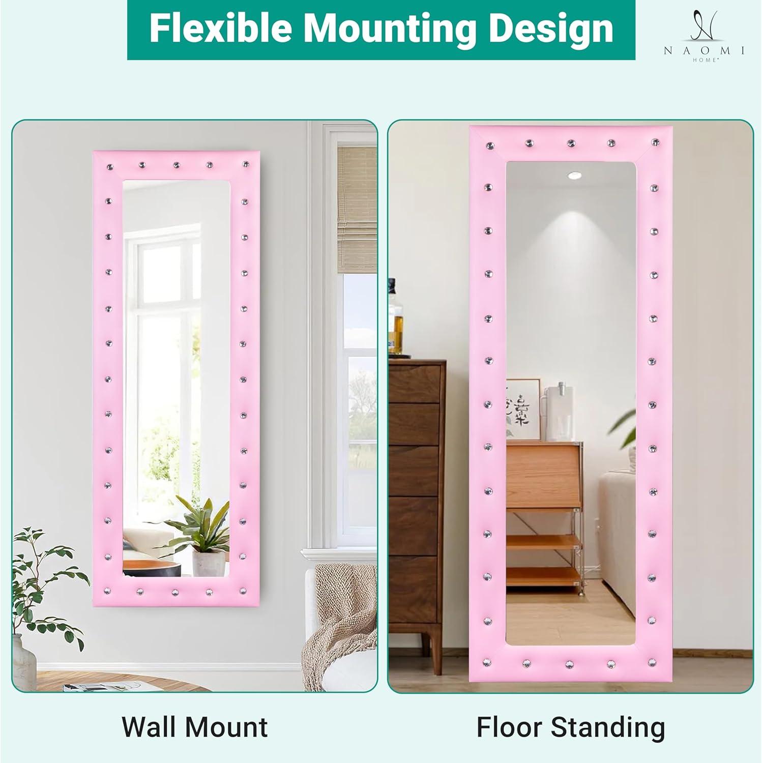 Naomi Home Crystal Tufted Floor Mirror Full Length 63 LX22 W Wall Mirror Full Length Standing Wall with Faux Wood Frame Mirrors for Bedroom - Pink