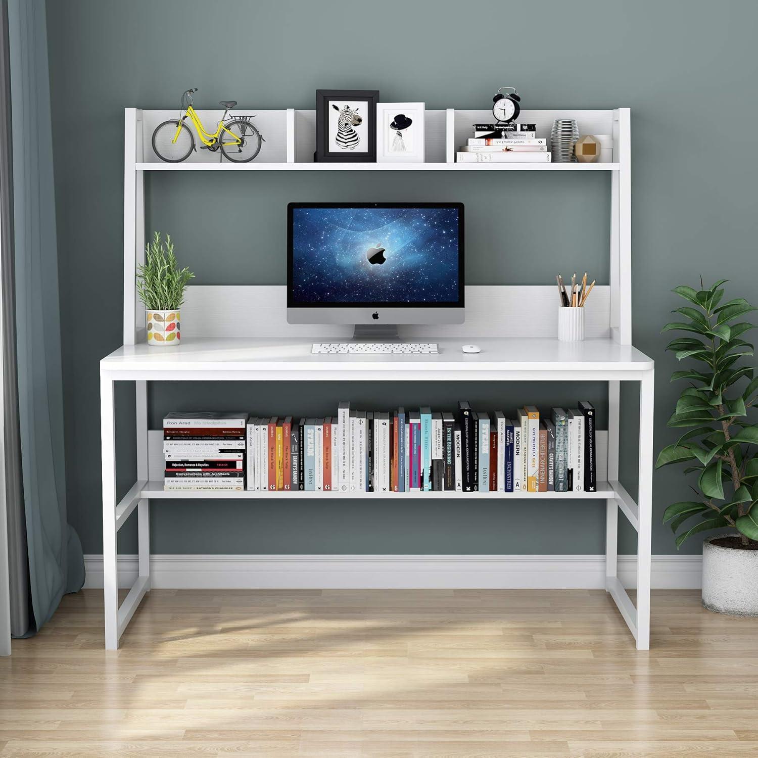 White Particleboard Computer Desk with Hutch and Bookshelf