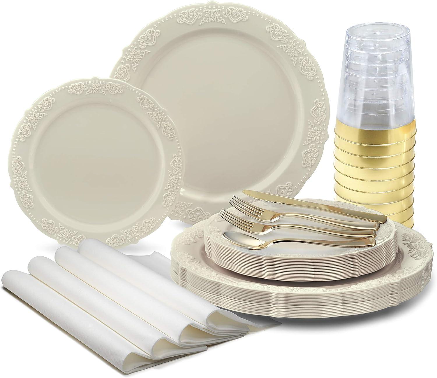 " OCCASIONS " 320 Piece set (40 Guests)-Vintage Wedding Party Disposable Plastic Plates & cutlery -40x10.25''+ 40x7.5'' +Gold Silverware + Gold rim Cups + Napkins (Portofino Plain Ivory)