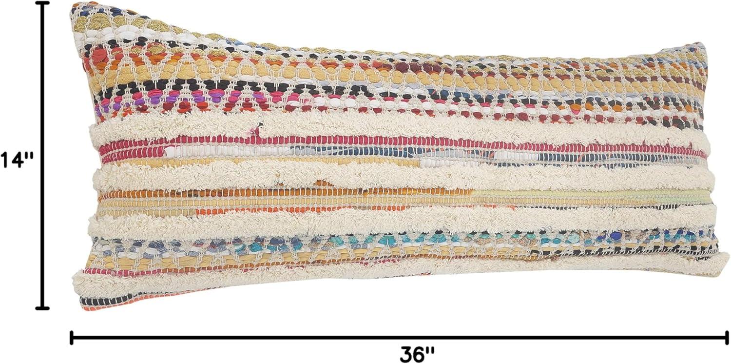 ZeaZu 14" X 36" Off-White Red Blue Orange And Green 100% Cotton Striped Zippered Pillow