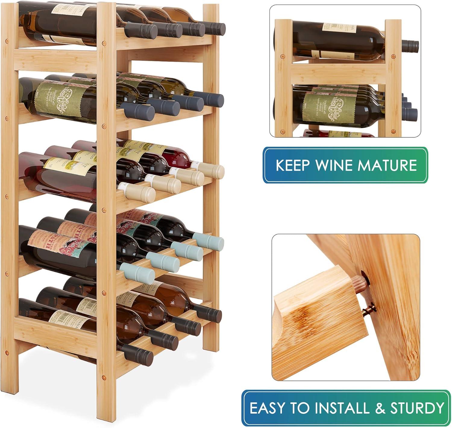 Bamboo Wine Rack, 20 Bottles Display Holder, 5-Tier Free Standing Storage Shelves for Kitchen, Pantry, Cellar, Bar (Natural)