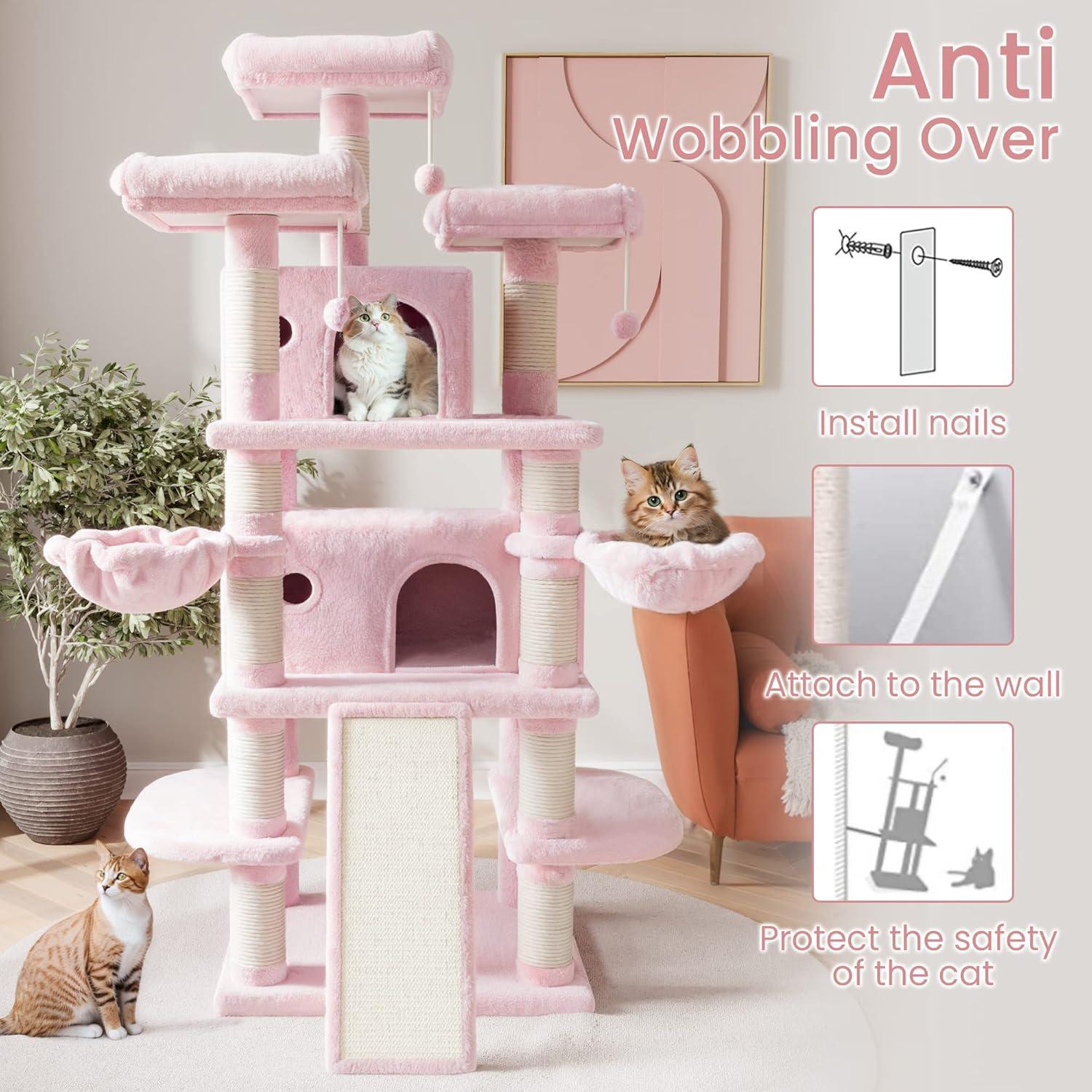 68 Inches Multi-Level Large Cat Tree/Cat Tower for Indoor Cat/Tall Cat Climbing Tree with Cat Condo/Cozy Plush Cat Perches/Sisal Scratching Post/Wide Base Board/Hammocks/Cave/Pink