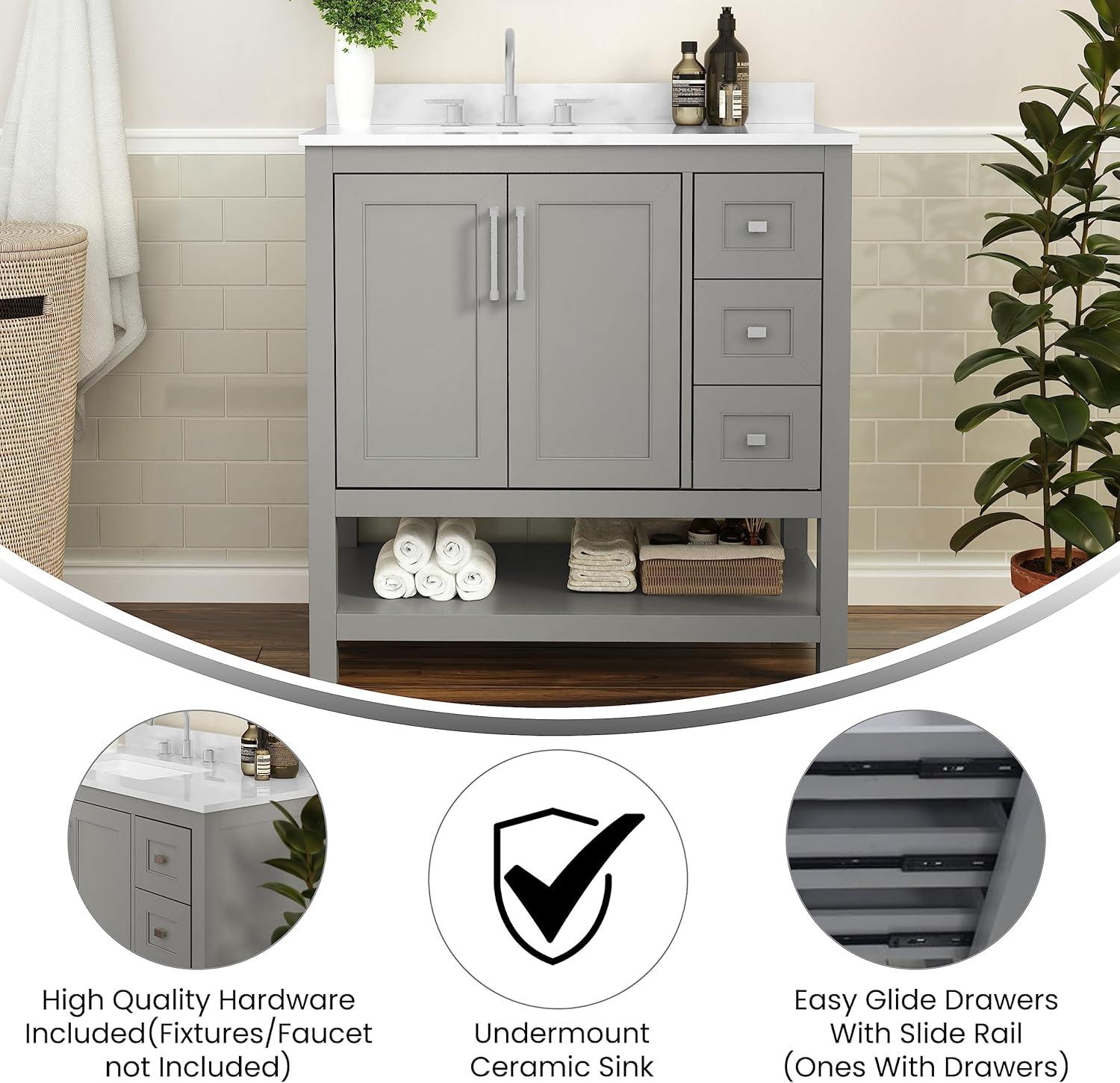 Taylor & Logan 36" Vivien Bathroom Vanity with Open Shelf and 3 Drawers Gray: Stoneware Top, Wood Frame, Single Basin