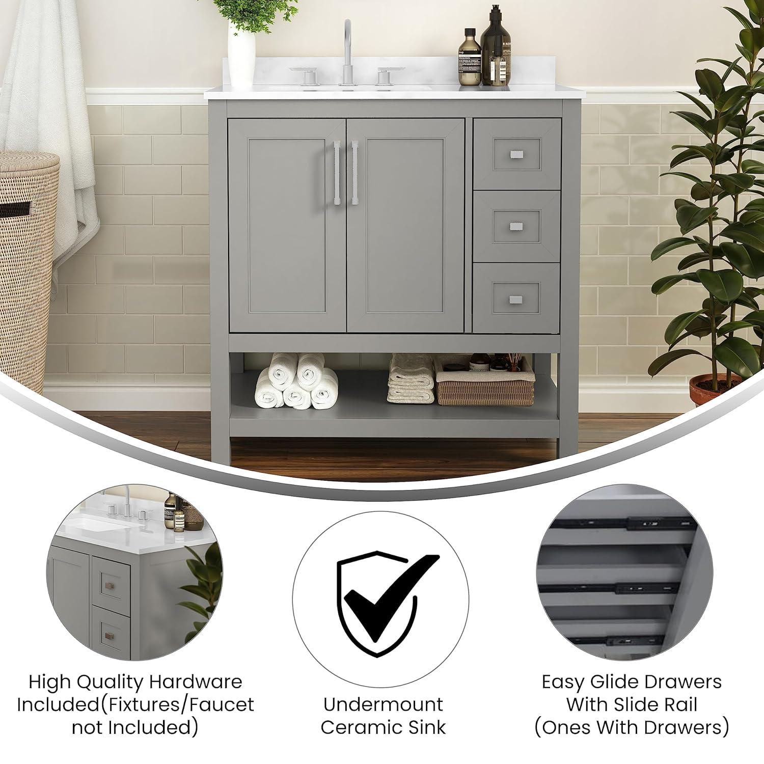 Taylor & Logan 36" Vivien Bathroom Vanity with Open Shelf and 3 Drawers Gray: Stoneware Top, Wood Frame, Single Basin