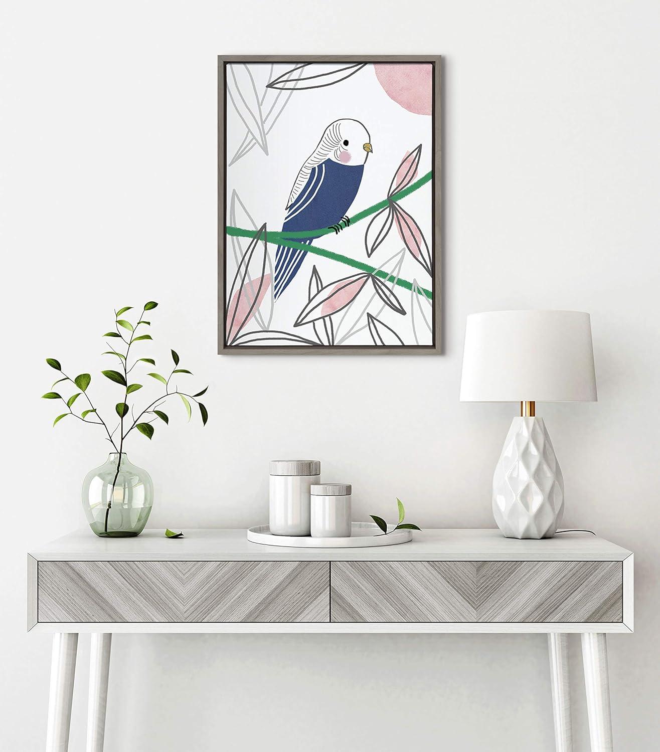 Kate and Laurel Sylvie Dreamy Parakeet Framed Canvas by Teju Reval of SnazzyHues, 18x24, Gray