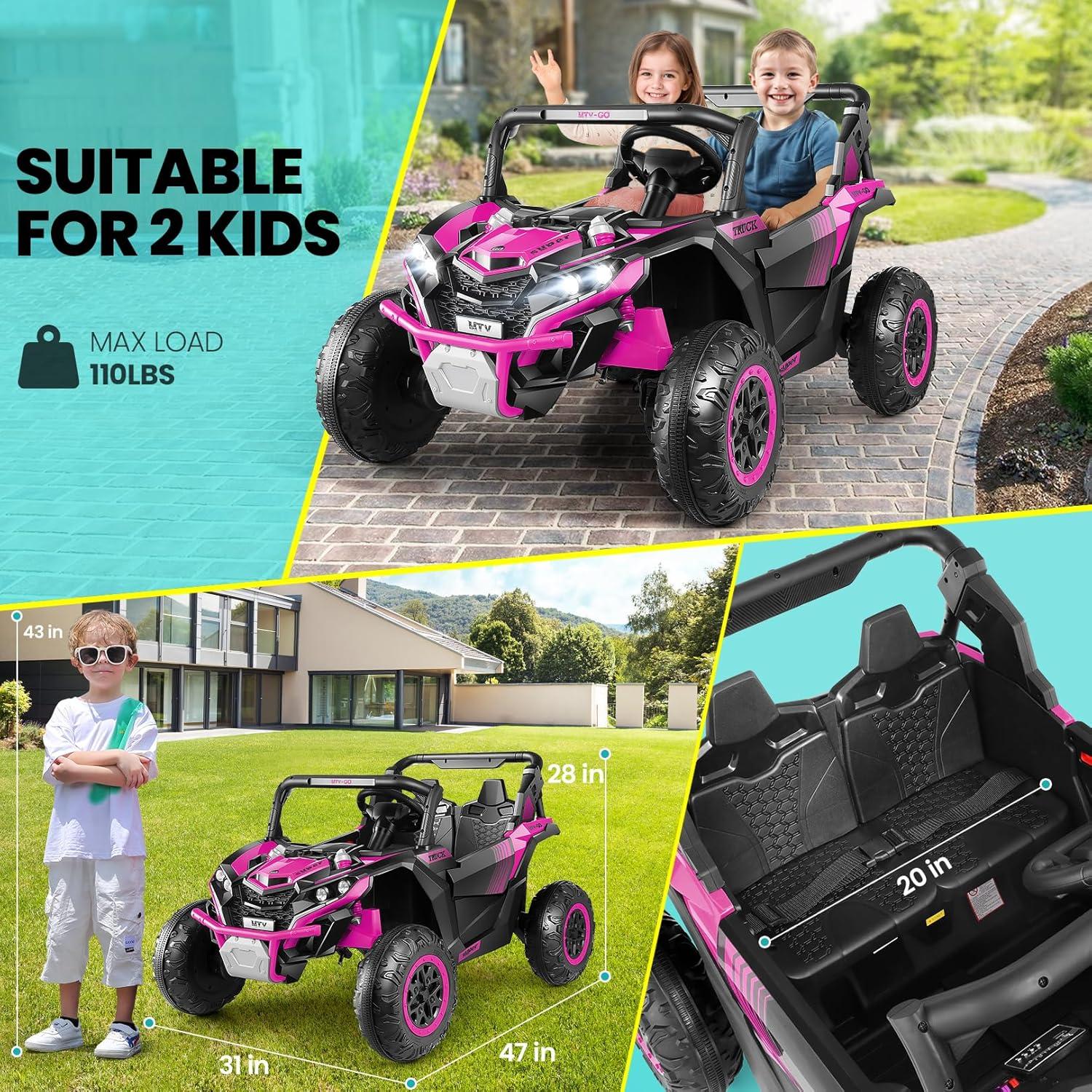 SUSIELADY 24V 2 Plazas Ride-On UTV para Niños, Coche Eléctrico con Control Remoto, Suspensión en las 4 Ruedas, Música, Almacenamiento, Camión de Juguetes Al Aire Libre para Niños Niñas a Partir de 3 Años, Rosa