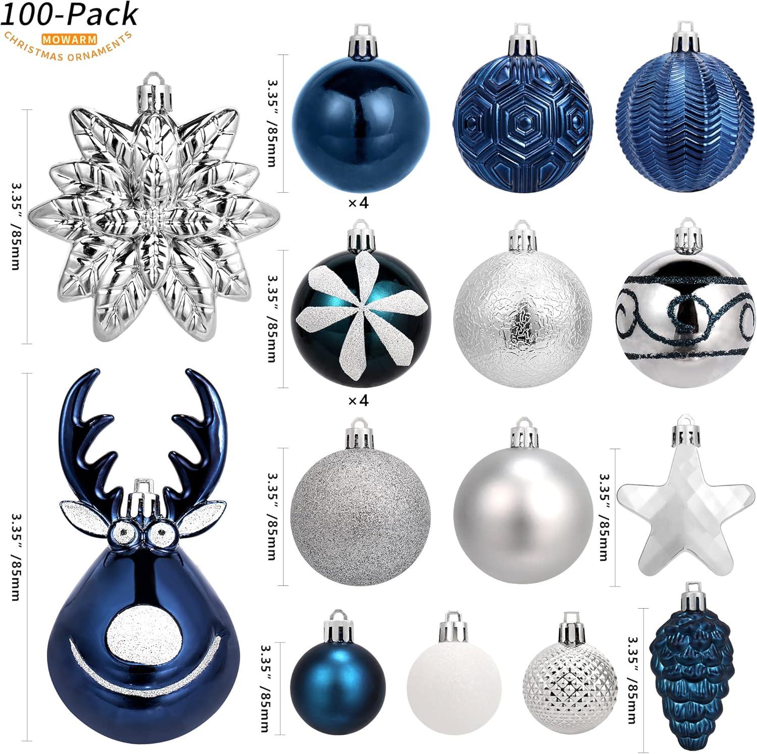 Navy Blue and White Shatterproof Plastic Christmas Ball Ornaments Set