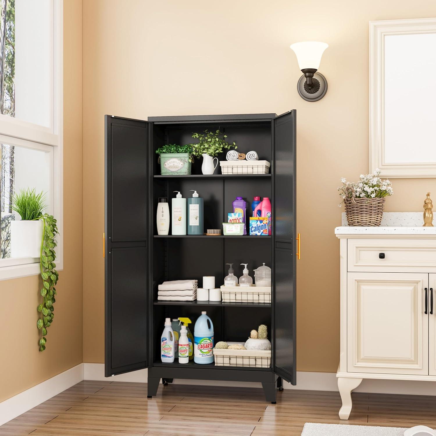 Kitchen Pantry Storage Cabinet, Freestanding Storage Cabinet with 4 Adjustable Shelves
