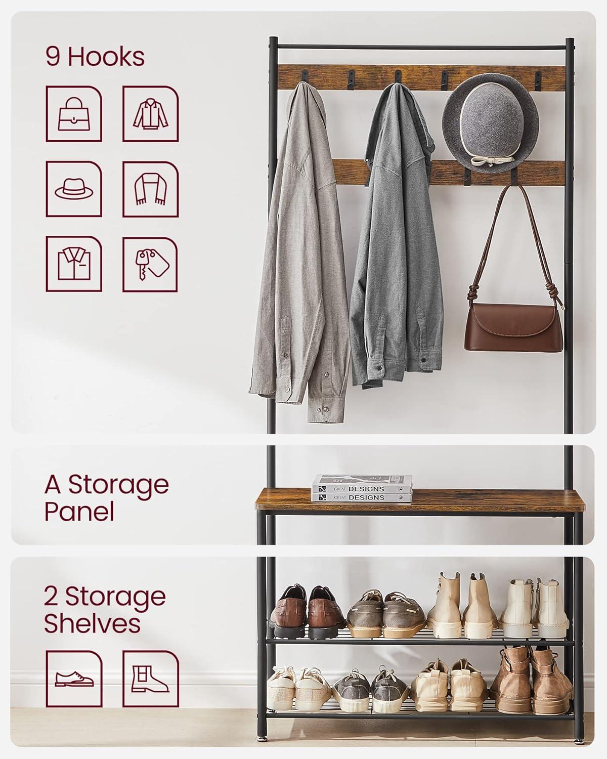 VASAGLE Coat Rack, Hall Tree with Shoe Storage Bench, Entryway Bench with Shoe Storage, 3-in-1, Steel Frame, for Entryway, 12.6 x 33.5 x 68.9 Inches, Industrial, Rustic Brown and Black UHSR401B01