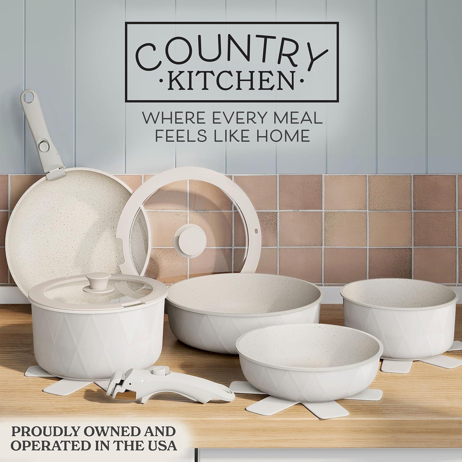 Country Kitchen 13-Pc Pots and Pans Set with Removable Handles Nonstick Cookware Set, Cream