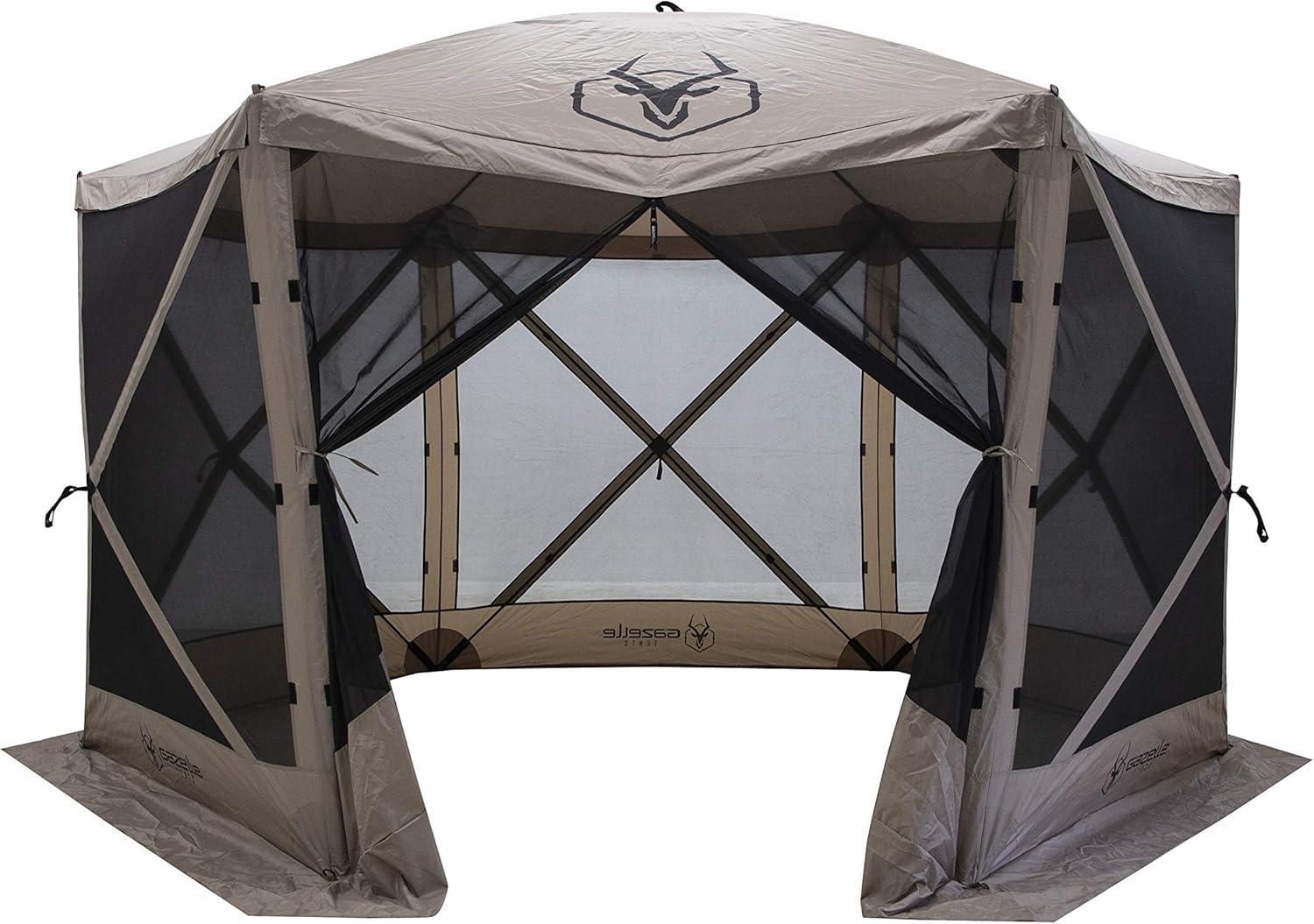 Gazelle Tents G6 8 Person 12 by 12 Pop Up 6 Sided Portable Hub Outdoor Gazebo Screen Canopy Tent with Large Main Door and Screens, Desert Sand