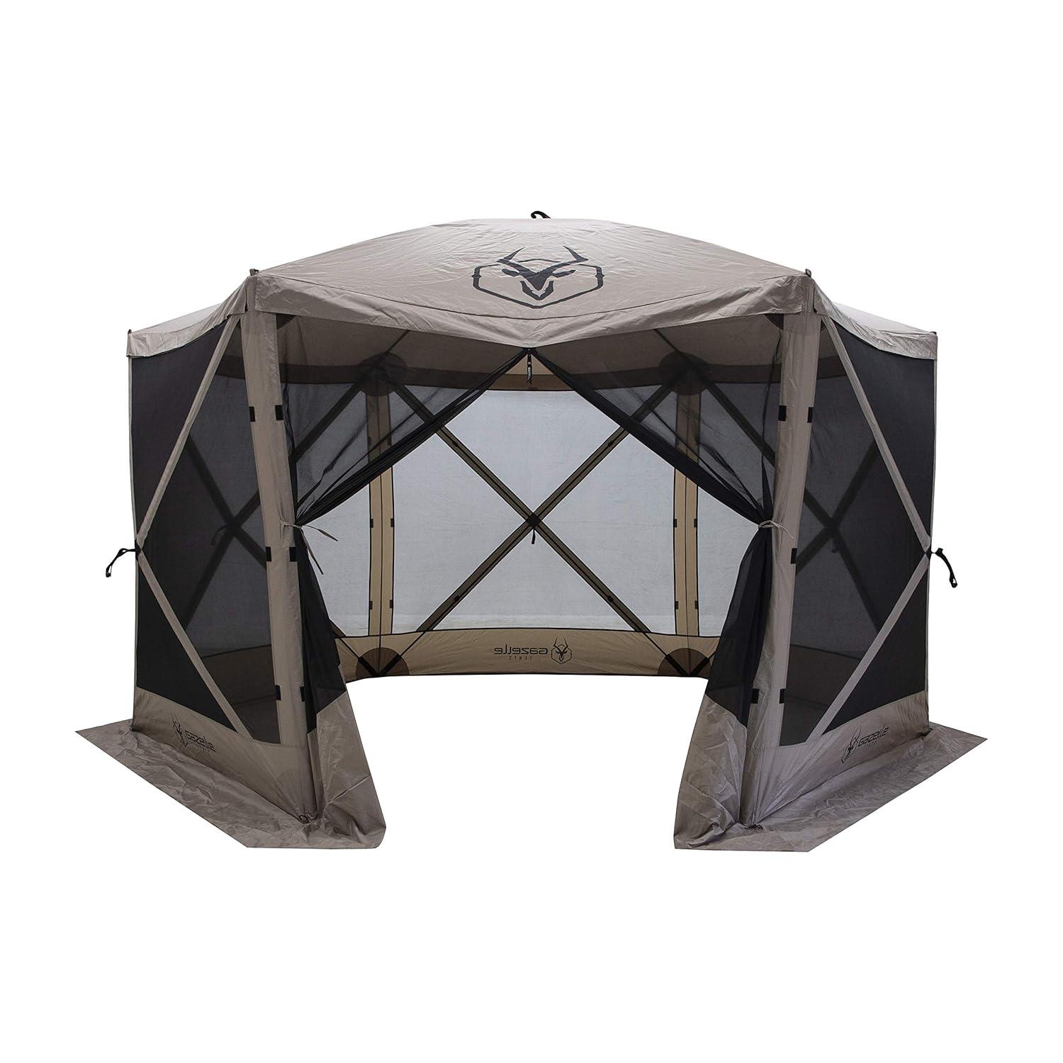 Gazelle Tents G6 8 Person 12 by 12 Pop Up 6 Sided Portable Hub Outdoor Gazebo Screen Canopy Tent with Large Main Door and Screens, Desert Sand