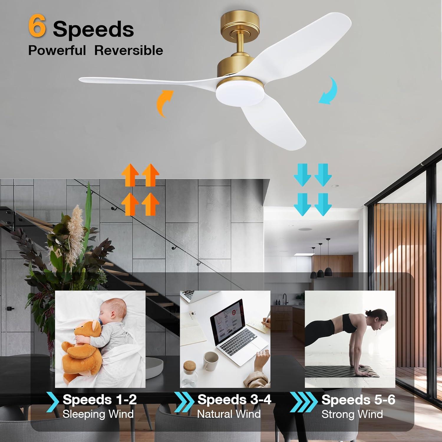 48 Inch Smart Ceiling Fans with Lights and Remote Control,Dimmable LED Light,Outdoor Indoor Gold White Ceiling Fan,Quiet DC Motor,WIFI Alexa App Workable,for Modern Bedroom Living Room Patio