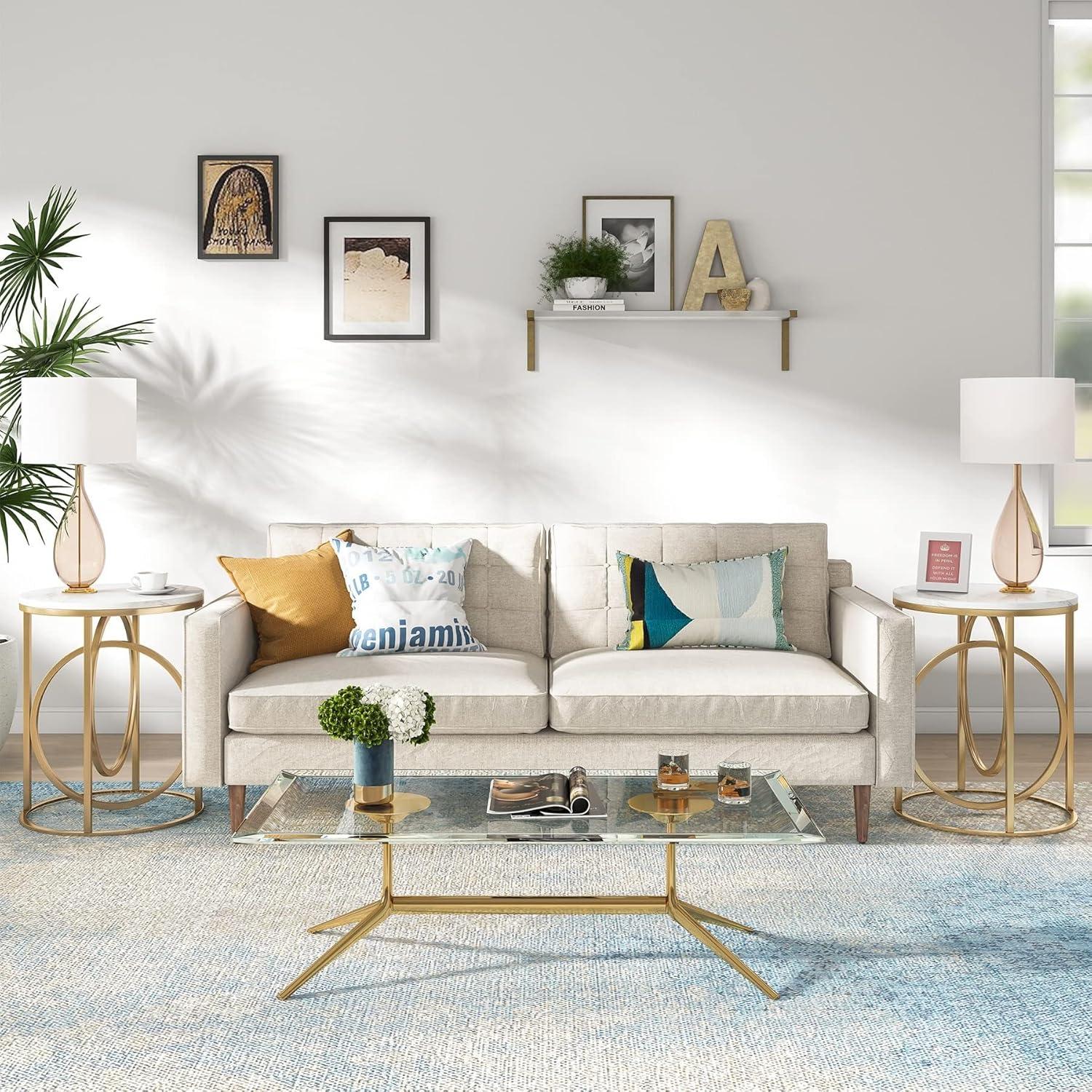 Tribesigns Morden Round End Table with Faux Marble White Top, 20" Sofa Side Table Coffee Table Cocktail Table with Unique Gold O-shaped Base for Living Room Bedroom