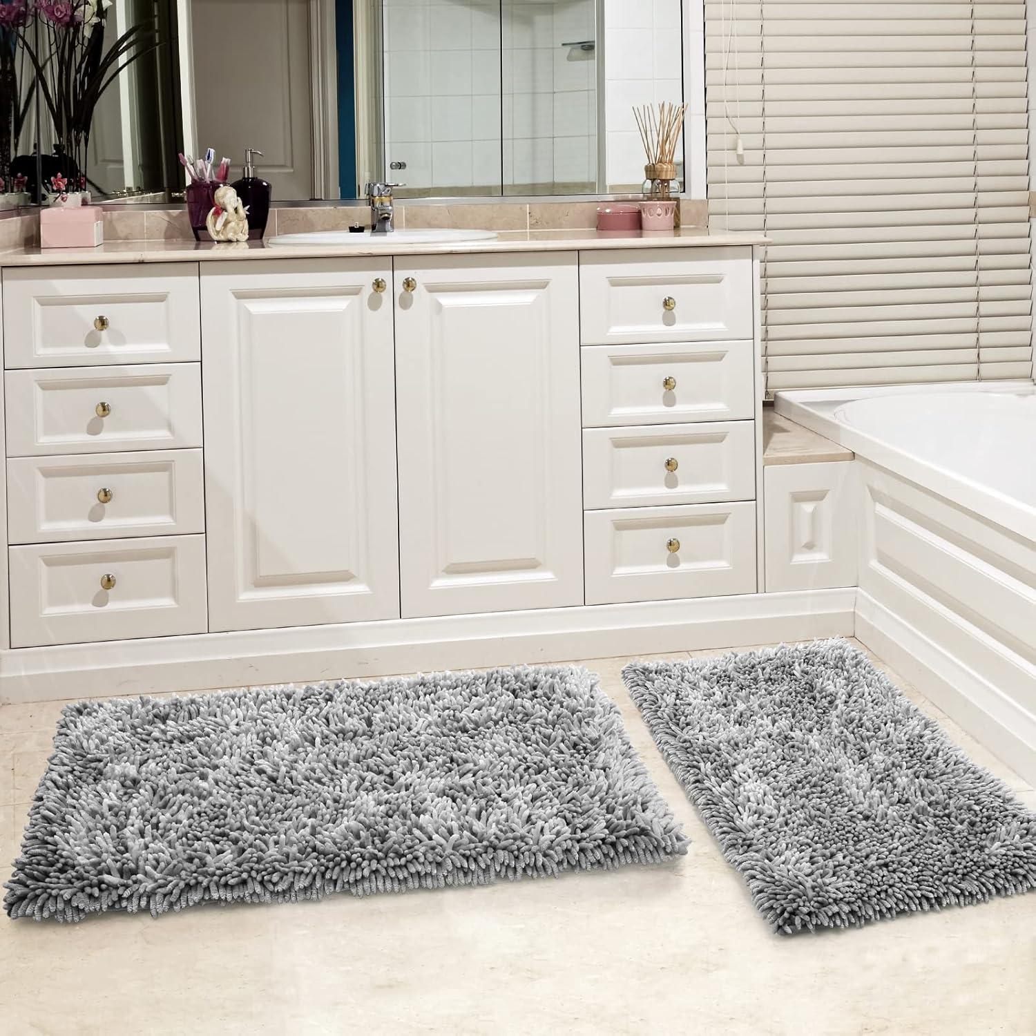 Light Gray Plush Chenille Non-Slip Bathroom Rug Set