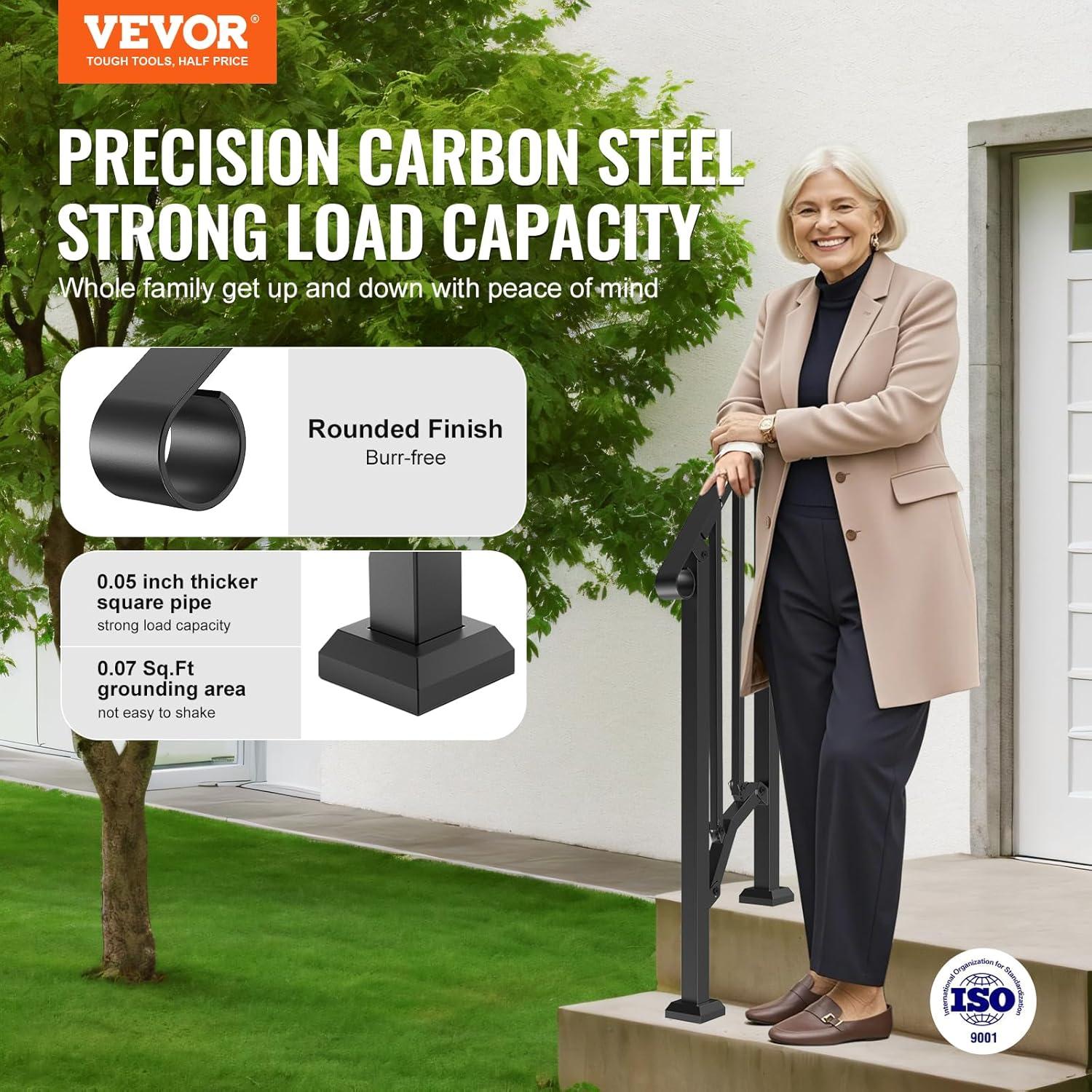 VEVOR Handrails for Outdoor Steps, 2 PCS 2-3 Step Stair Hand Rail Kit, Transitional Carbon Steel Railings with Installation Kit, Stair Rails for Seniors, Concrete & Porch & Deck, Black Square Tube