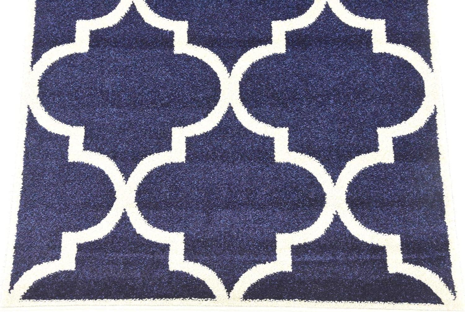 Navy Blue and Beige Trellis Synthetic Runner Rug