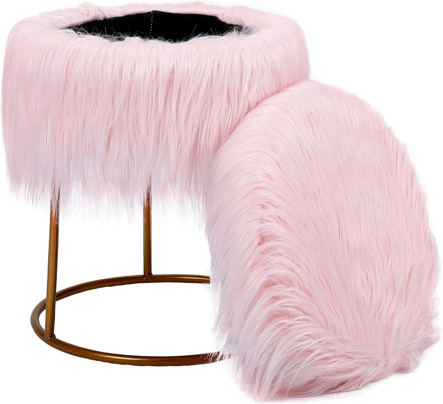 BirdRock Home Round Pink Faux Fur Foot Stool Storage Ottoman with Pale Gold Legs