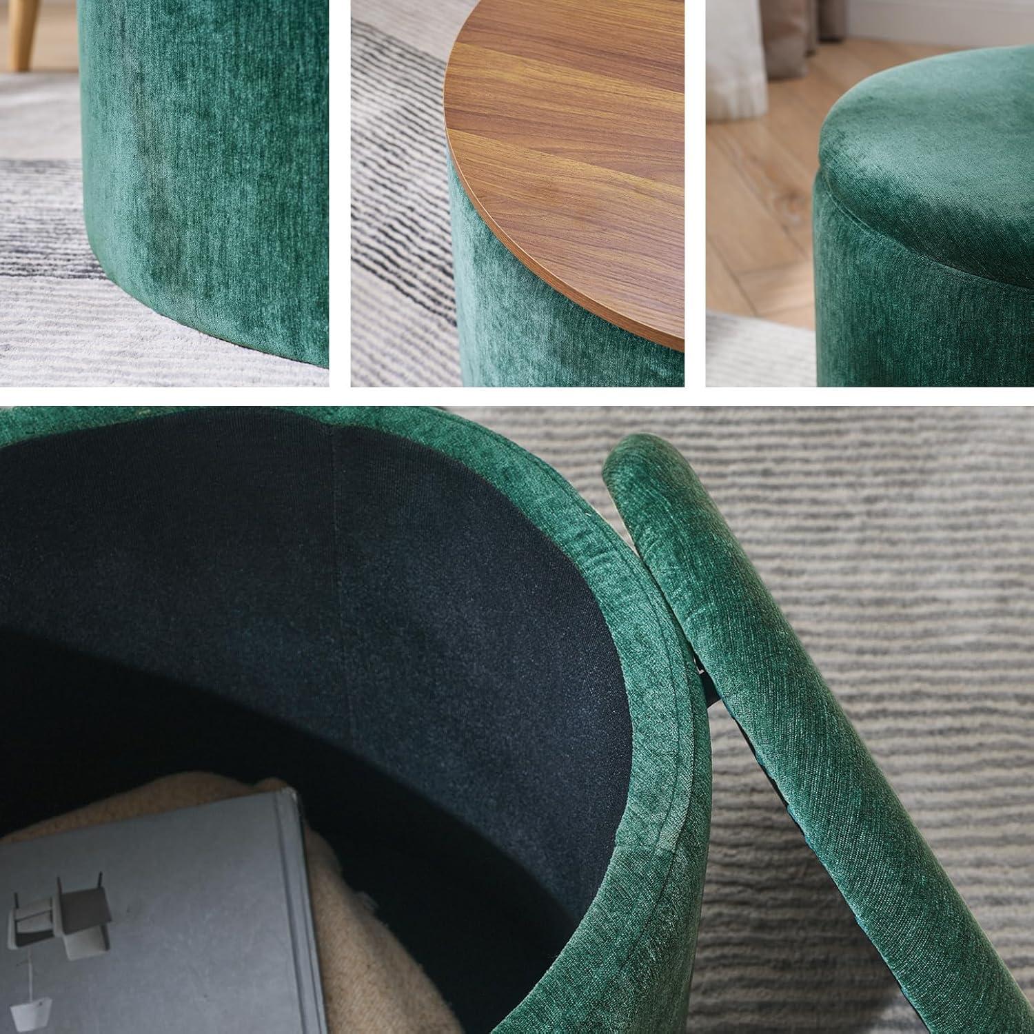 2-Piece Set Storage Ottoman, Round Chenille Makeup Vanity Stool Chair with Storage Space, for Serving as a Living Room Footstool, Coffee Table and Additional Seats, Dark Green