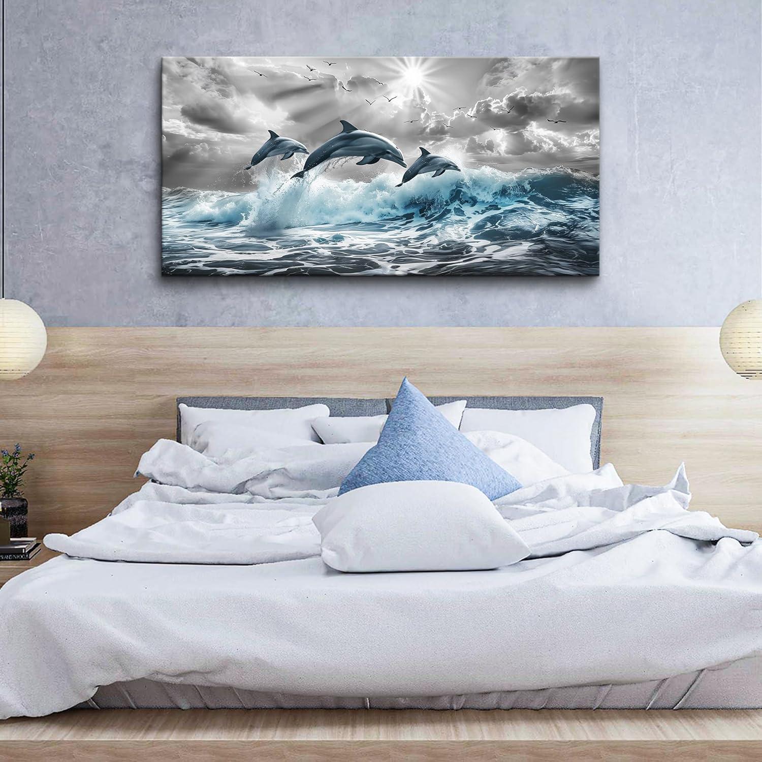 Chilfamy Wall Decorations For Living Room Canvas Wall Art For Bedroom Blue Waves Of The Sea Wall Pictures Artwork Office Canvas Art Print Dolphins Wall Paintings Ready To Hang Home Decor 20x16 Inch