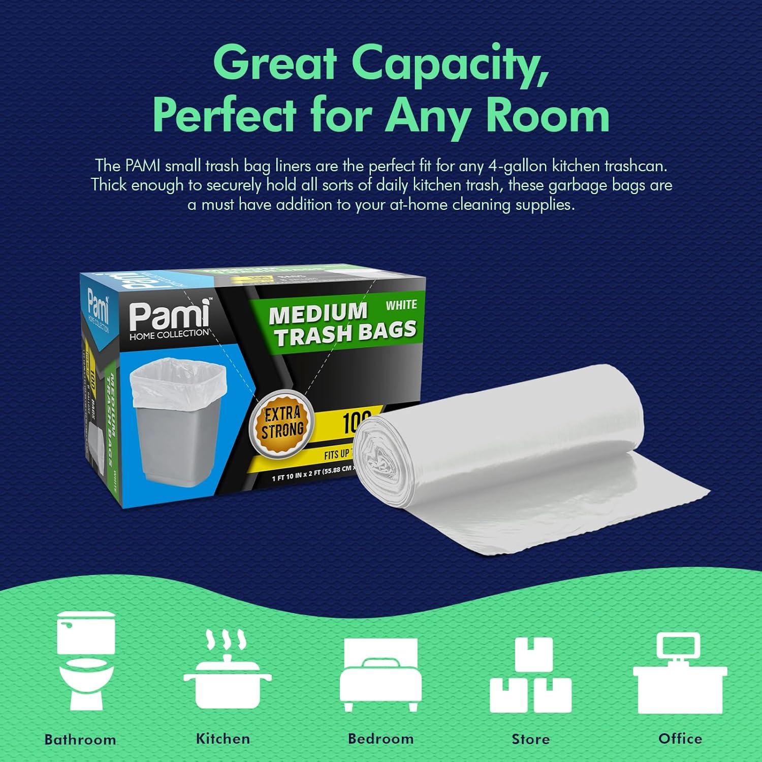 PAMI Small Trash Bags Strong Multipurpose Trash Can Plastic Garbage Bags, 4 gal White 100-Pack