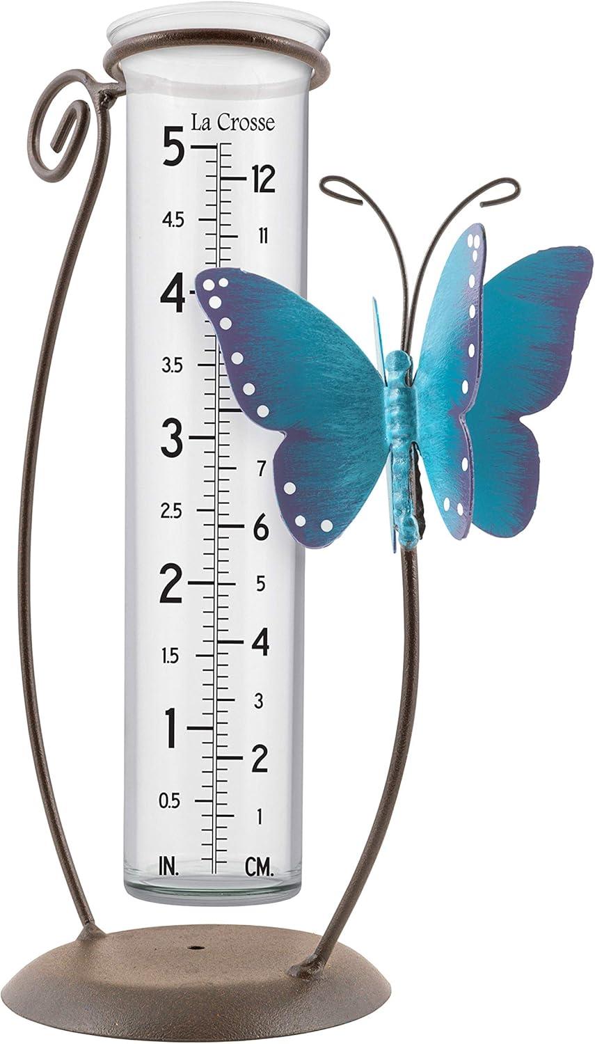 Blue Butterfly Handcrafted Glass Rain Gauge with Metal Stand