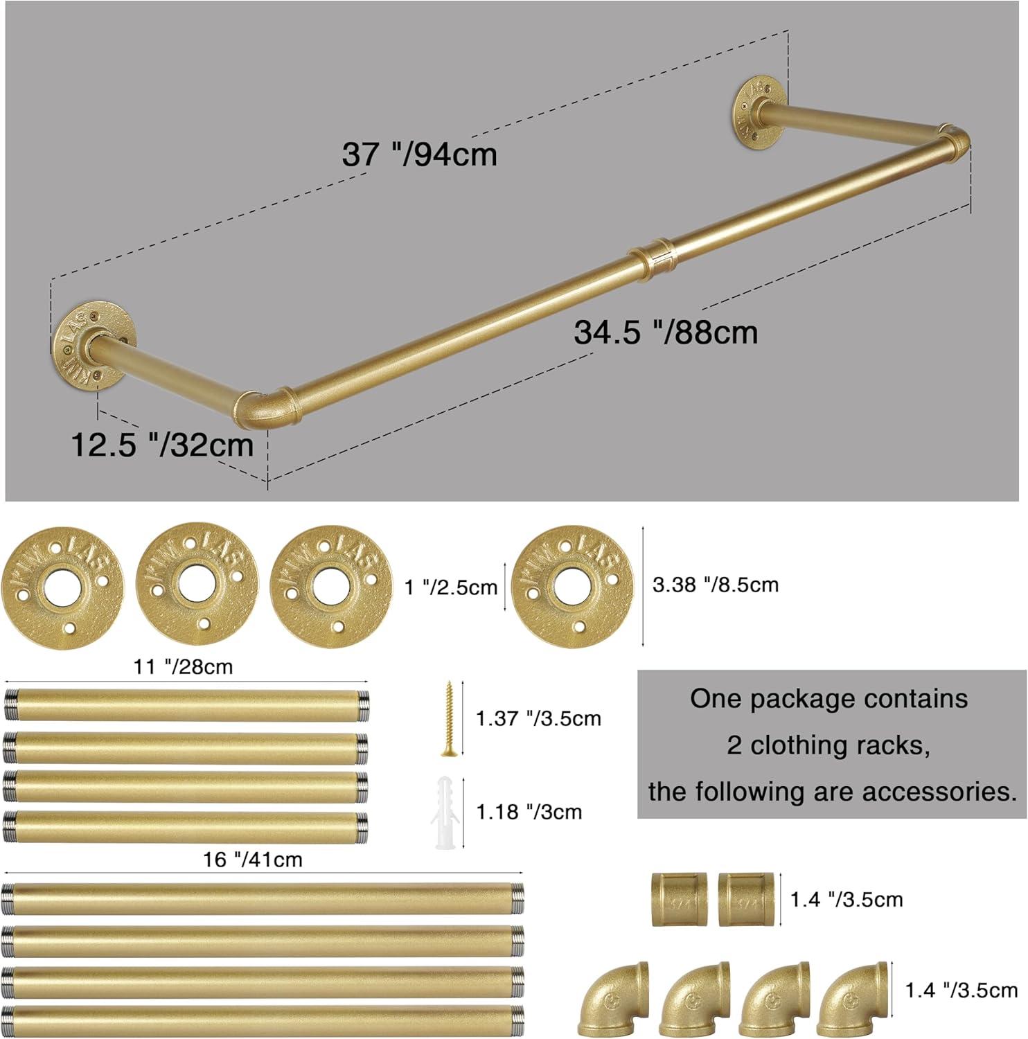 AddGrace 2 Pack Industrial Pipe Clothes Rack Gold Wall Mounted Clothing Rack for Hanging Clothes 34.5 Inch Multi-Purpose Garment Bar for Wardrobe and Laundry Room