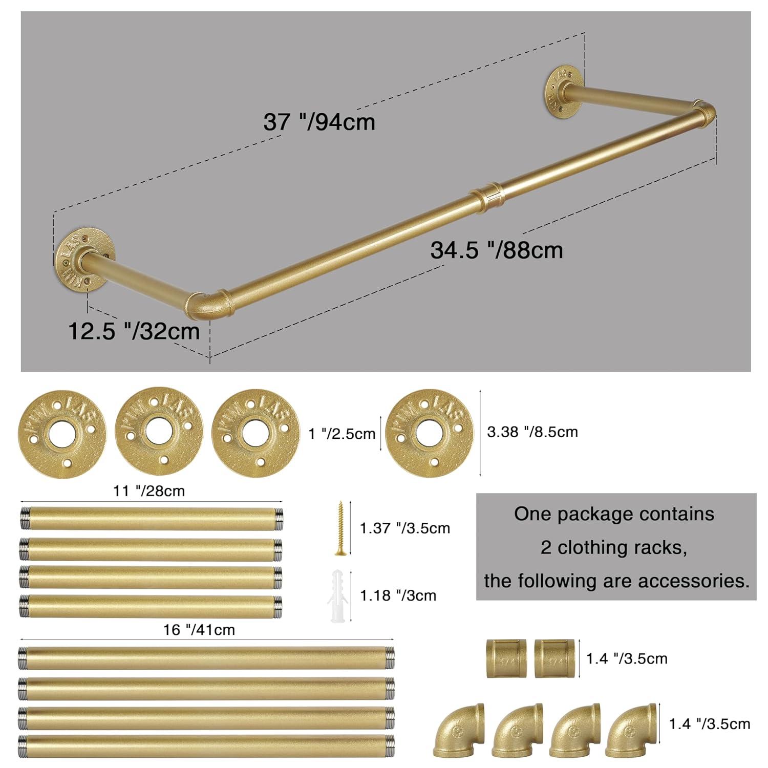 AddGrace 2 Pack Industrial Pipe Clothes Rack Gold Wall Mounted Clothing Rack for Hanging Clothes 34.5 Inch Multi-Purpose Garment Bar for Wardrobe and Laundry Room