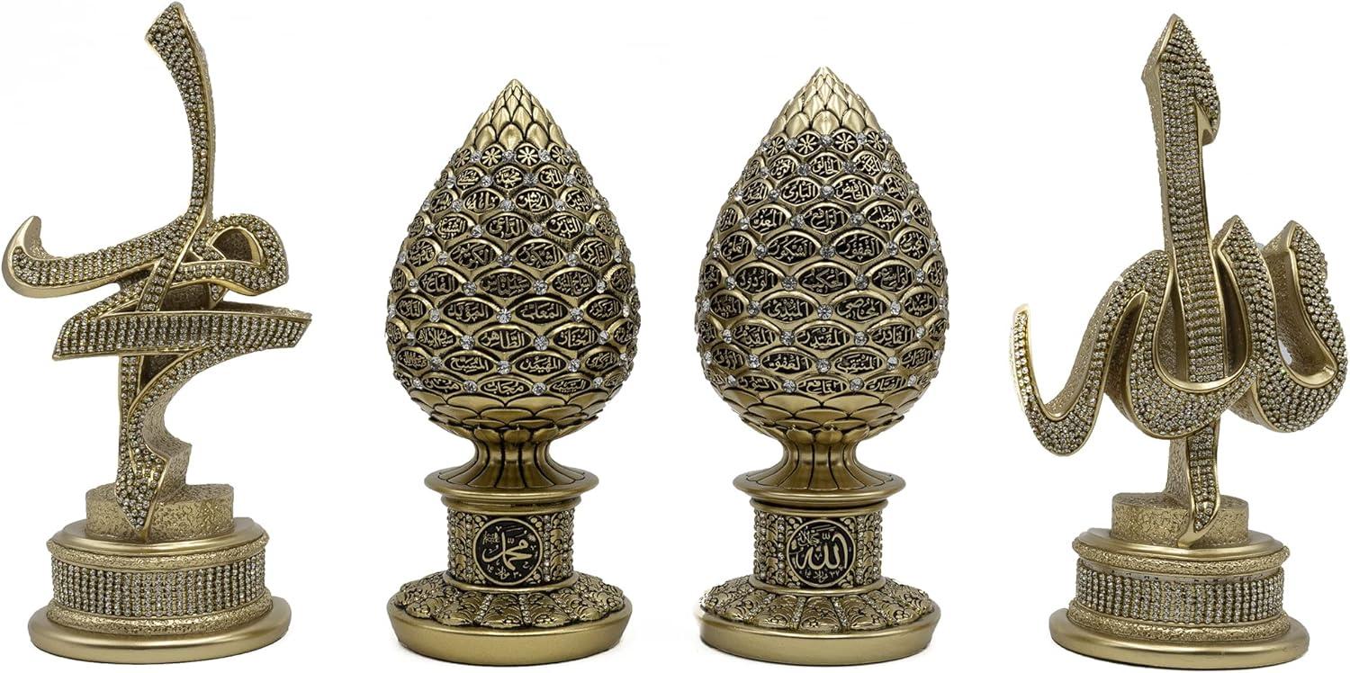 Gift Table Decor 3 Piece Set Gold Sculptures Arabic Allah Muhammad Ayatul Kursi or ESMA al Husna (Gold with Ayatul Kursi)