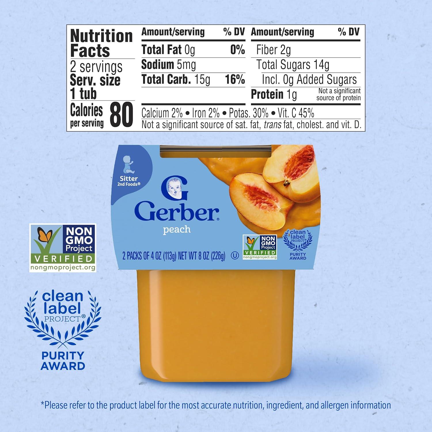 Gerber 2nd Food Baby Food Peach Puree, Natural & Non-GMO, 4 Ounce Tubs, 2-Pack (Pack of 8)