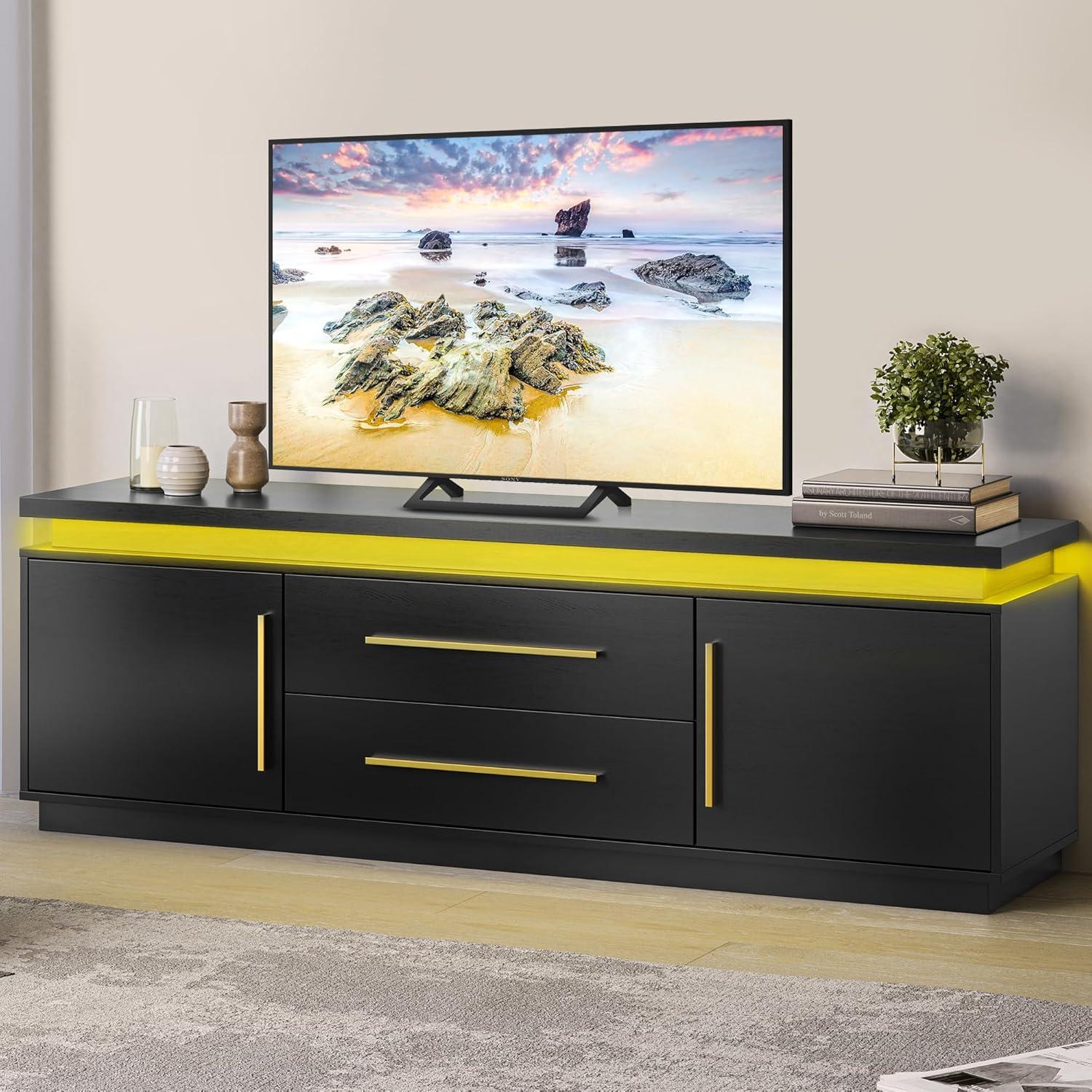 BELLEZE 67" TV Stand for TV up to 75",  with LED Lights Change to Melody of Music - Studio (Black)