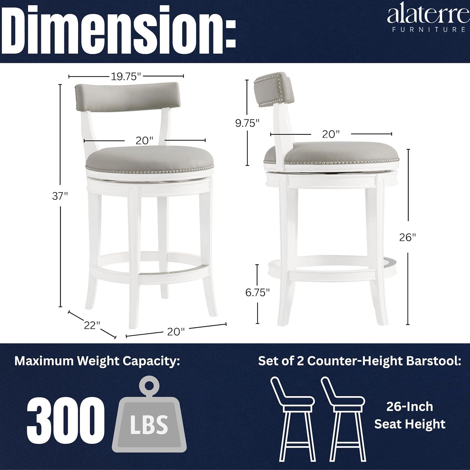 Alaterre Hanover Swivel Bar Height Stool, White and Gray, 30-Inch Seat Height, Solid Rubberwood Frame with Faux Leather Upholstery, Nailhead Trim, Memory Return Swivel, Ideal for Kitchen, Dining Area, Set of 2